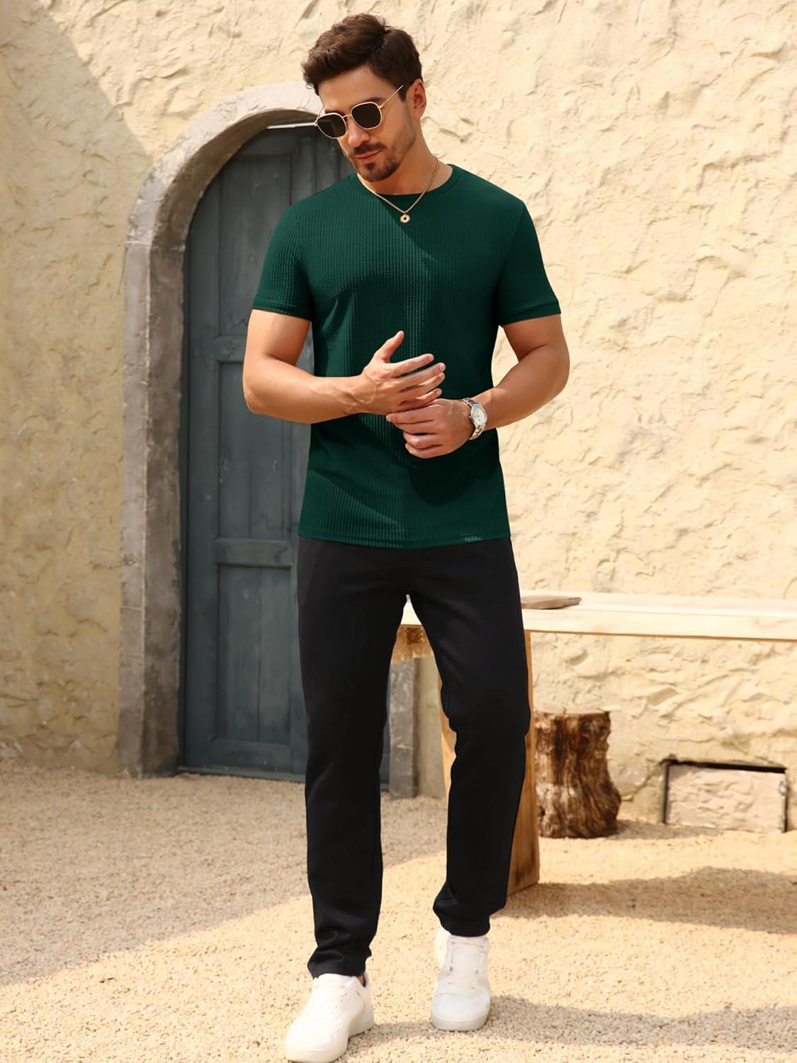 imageBeotyshow Mens Ribbed Knit T Shirts Short Sleeve Crew Neck Slim Fit Stretchy Muscle Shirts Basic Solid Tee TopsDark Green