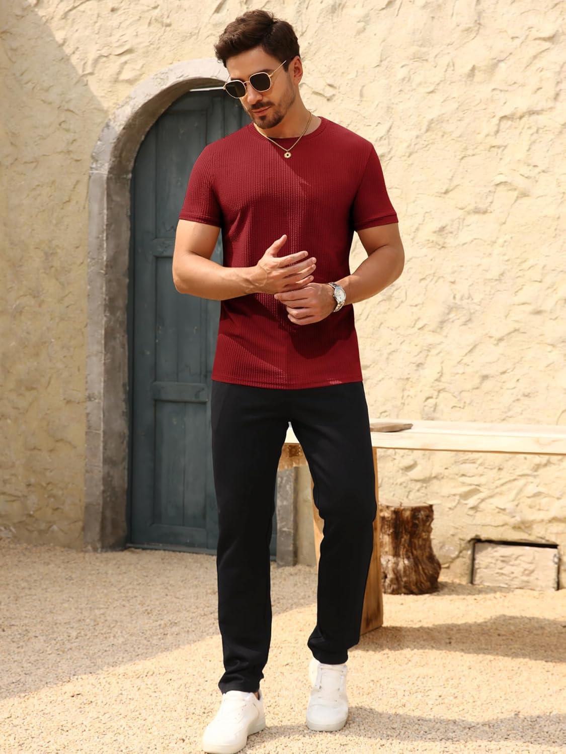 imageBeotyshow Mens Ribbed Knit T Shirts Short Sleeve Crew Neck Slim Fit Stretchy Muscle Shirts Basic Solid Tee TopsDark Red