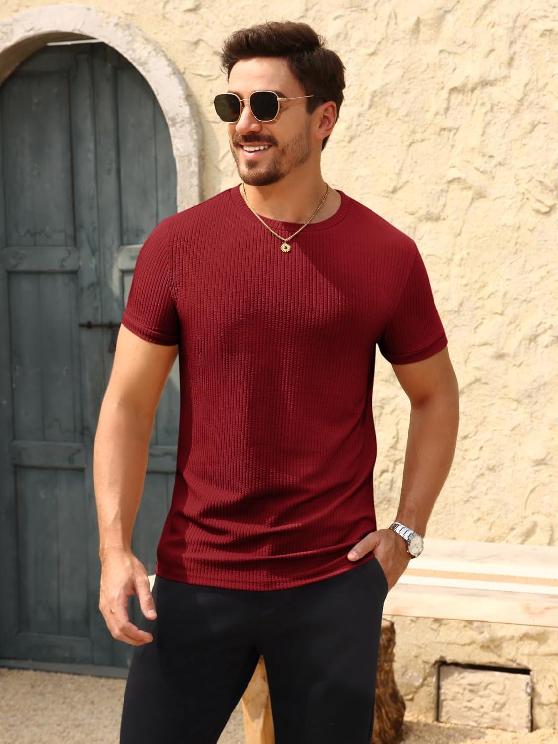 imageBeotyshow Mens Ribbed Knit T Shirts Short Sleeve Crew Neck Slim Fit Stretchy Muscle Shirts Basic Solid Tee TopsDark Red