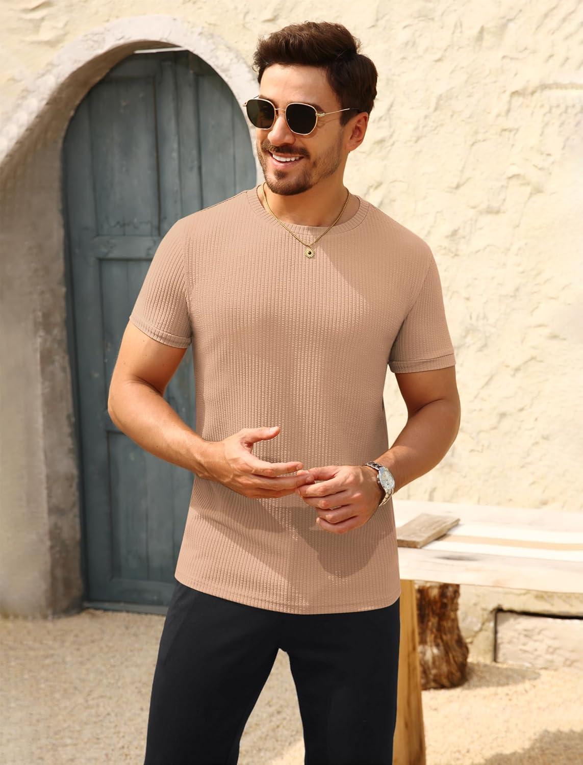 imageBeotyshow Mens Ribbed Knit T Shirts Short Sleeve Crew Neck Slim Fit Stretchy Muscle Shirts Basic Solid Tee TopsKhaki