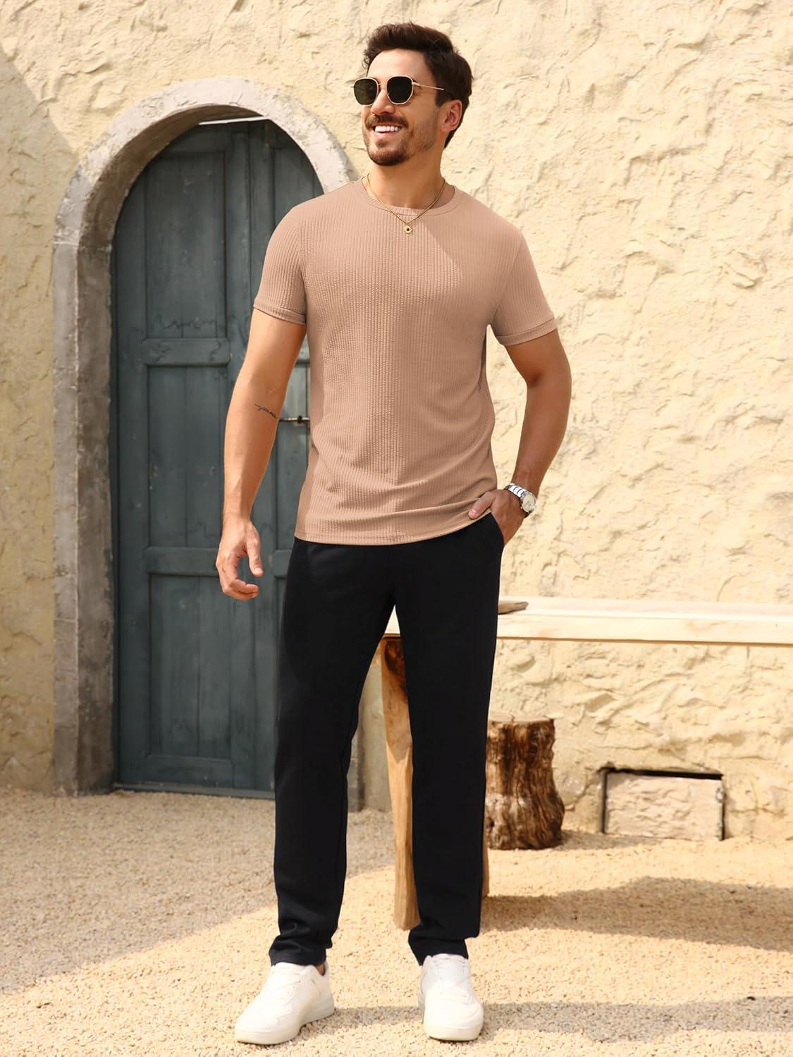 imageBeotyshow Mens Ribbed Knit T Shirts Short Sleeve Crew Neck Slim Fit Stretchy Muscle Shirts Basic Solid Tee TopsKhaki