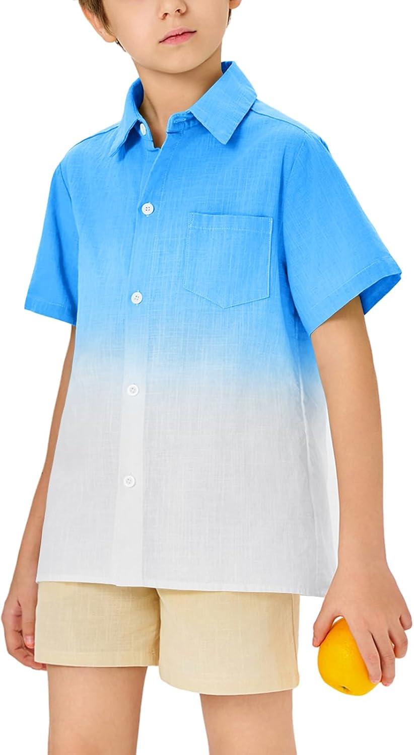 imageBoys Button Down Shirts Gradient Linen Casual Short Sleeve Beach Summer Boy Shirt with Pocket 214 YearsBlue