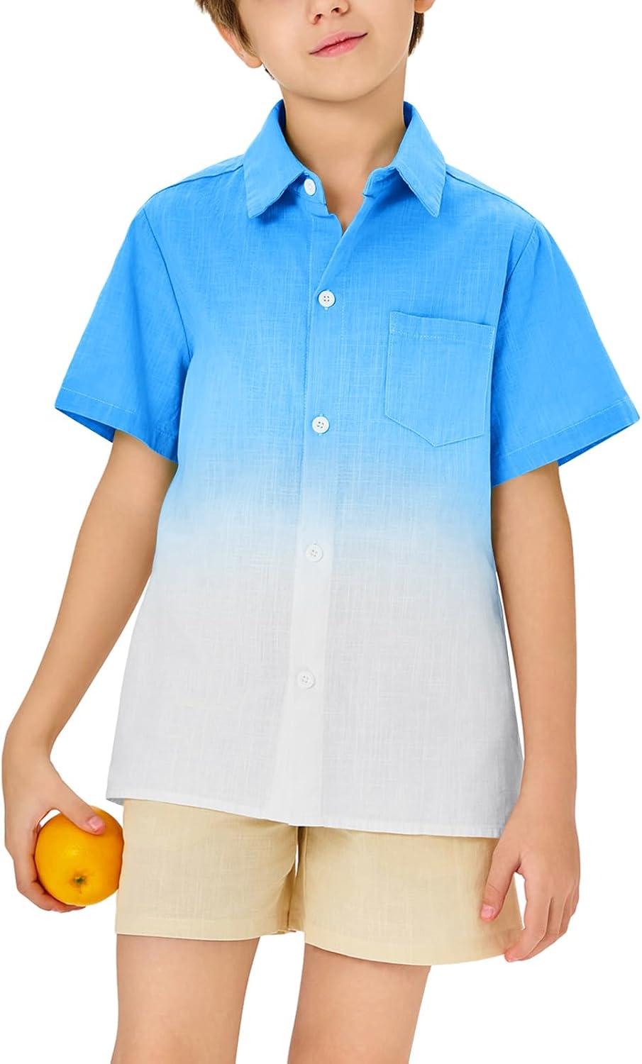 imageBoys Button Down Shirts Gradient Linen Casual Short Sleeve Beach Summer Boy Shirt with Pocket 214 YearsBlue