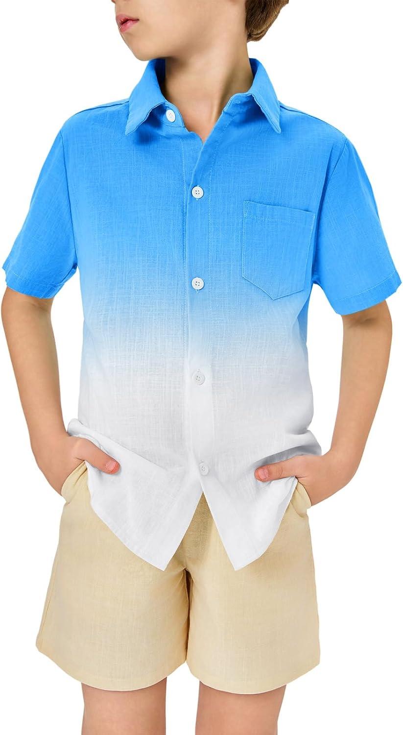 imageBoys Button Down Shirts Gradient Linen Casual Short Sleeve Beach Summer Boy Shirt with Pocket 214 YearsBlue