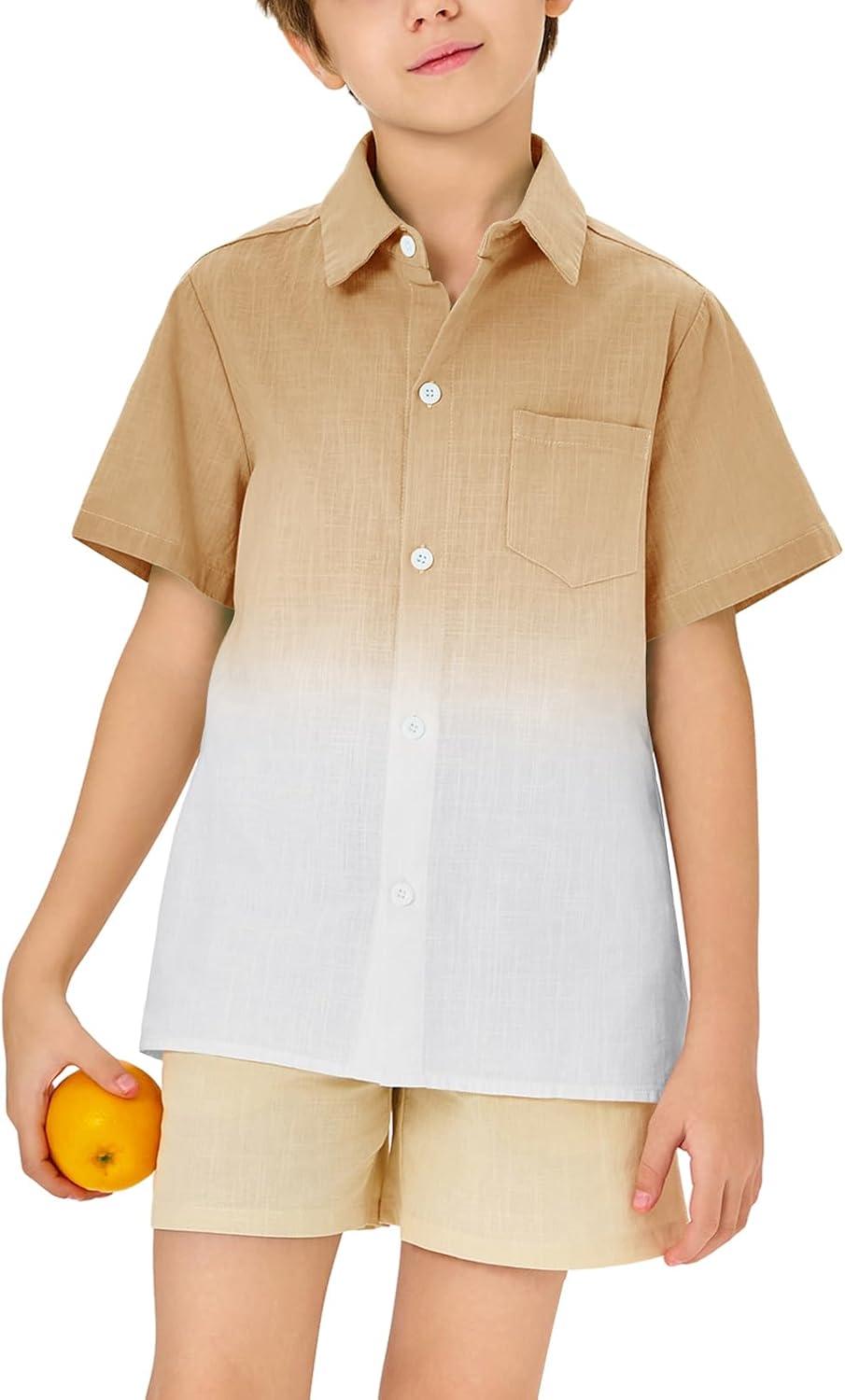 imageBoys Button Down Shirts Gradient Linen Casual Short Sleeve Beach Summer Boy Shirt with Pocket 214 YearsKhaki01