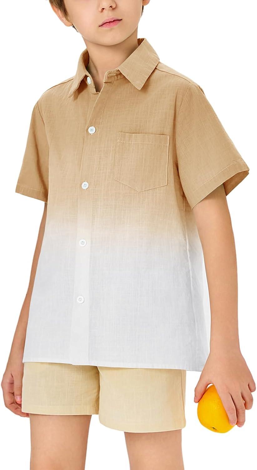 imageBoys Button Down Shirts Gradient Linen Casual Short Sleeve Beach Summer Boy Shirt with Pocket 214 YearsKhaki01