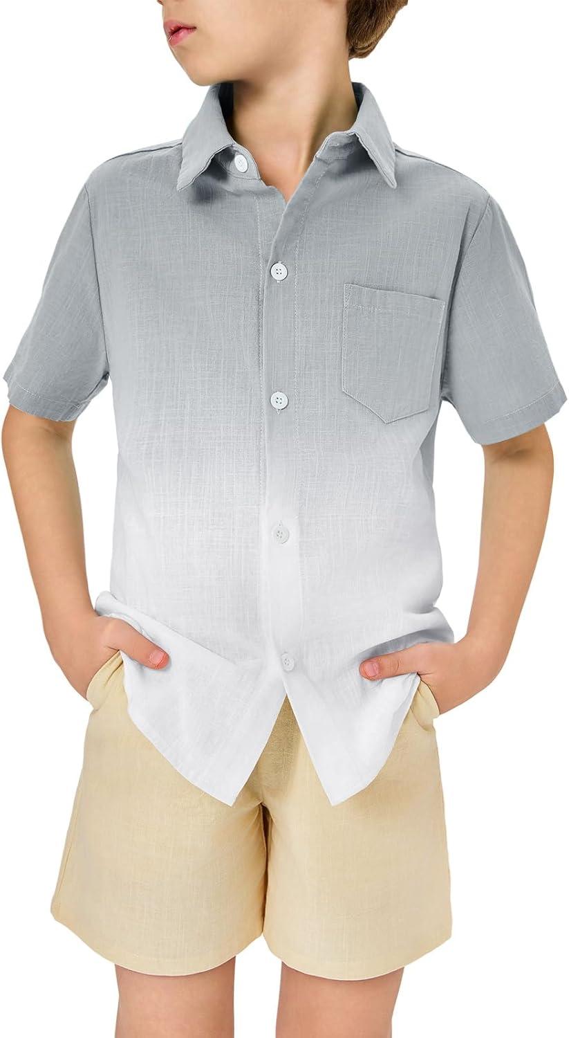 imageBoys Button Down Shirts Gradient Linen Casual Short Sleeve Beach Summer Boy Shirt with Pocket 214 YearsLight Grey01