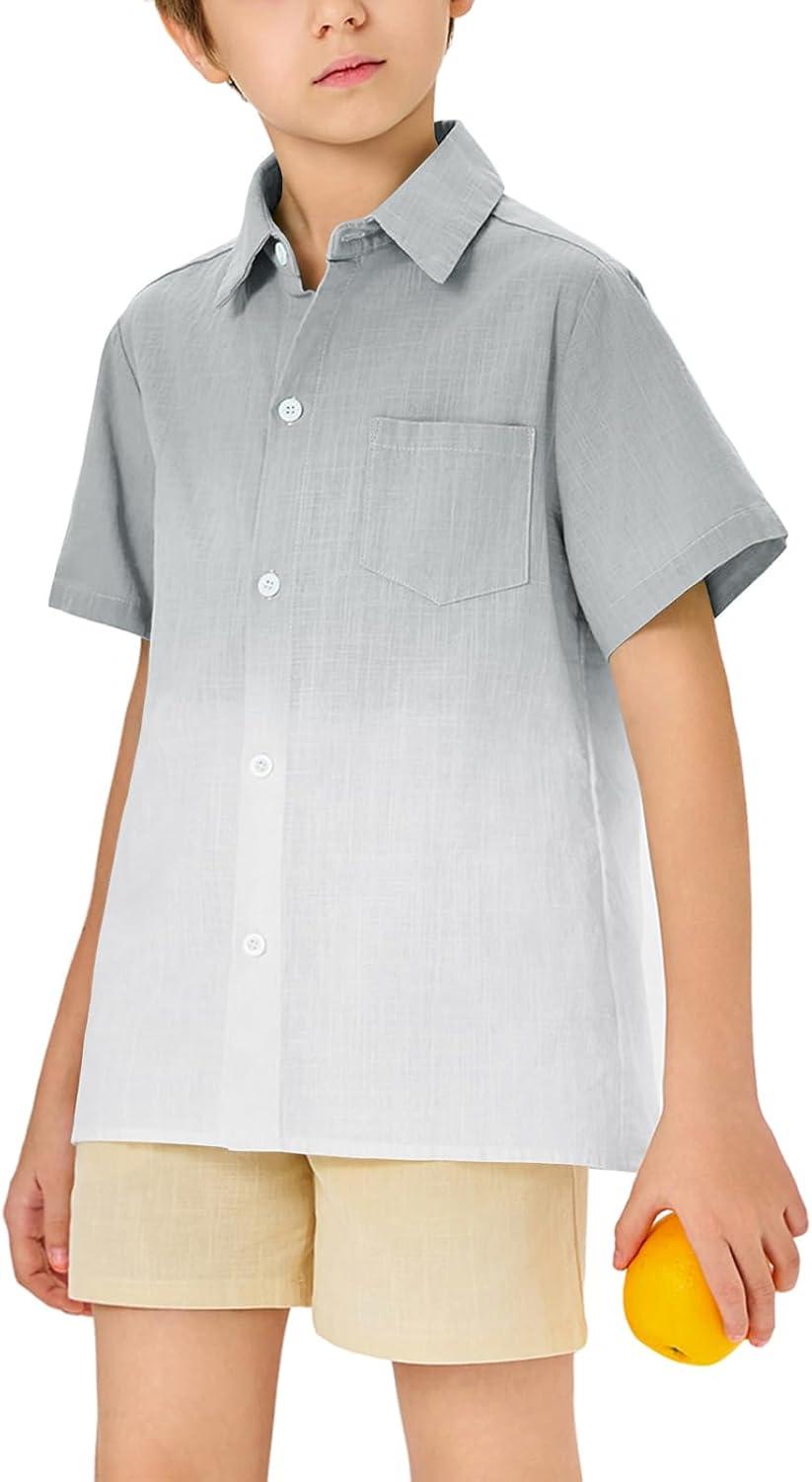 imageBoys Button Down Shirts Gradient Linen Casual Short Sleeve Beach Summer Boy Shirt with Pocket 214 YearsLight Grey01