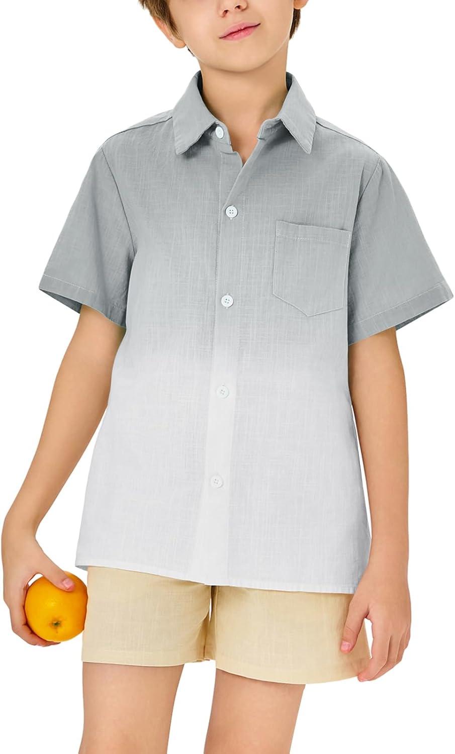 imageBoys Button Down Shirts Gradient Linen Casual Short Sleeve Beach Summer Boy Shirt with Pocket 214 YearsLight Grey01