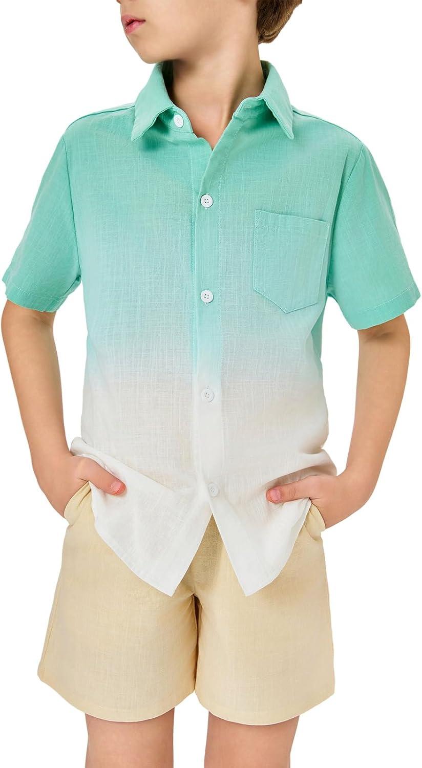 imageBoys Button Down Shirts Gradient Linen Casual Short Sleeve Beach Summer Boy Shirt with Pocket 214 YearsMint Green