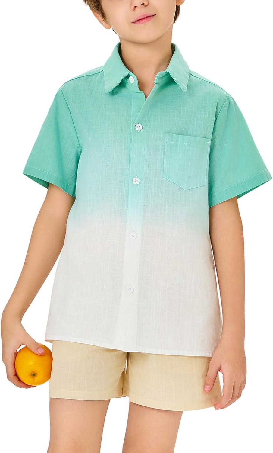 imageBoys Button Down Shirts Gradient Linen Casual Short Sleeve Beach Summer Boy Shirt with Pocket 214 YearsMint Green
