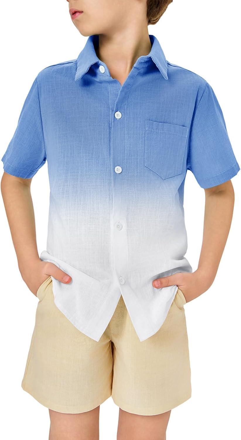 imageBoys Button Down Shirts Gradient Linen Casual Short Sleeve Beach Summer Boy Shirt with Pocket 214 YearsNavy Blue