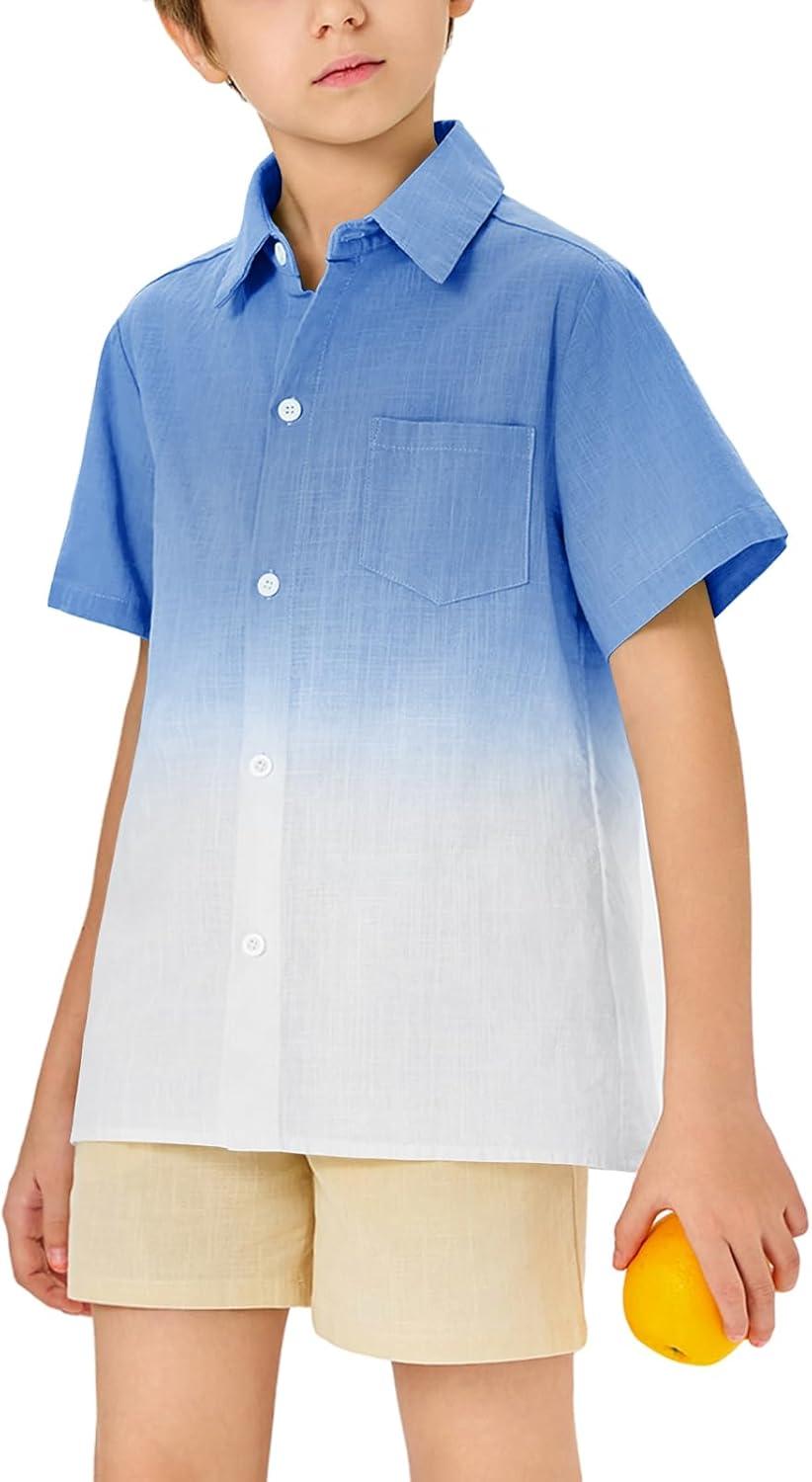 imageBoys Button Down Shirts Gradient Linen Casual Short Sleeve Beach Summer Boy Shirt with Pocket 214 YearsNavy Blue
