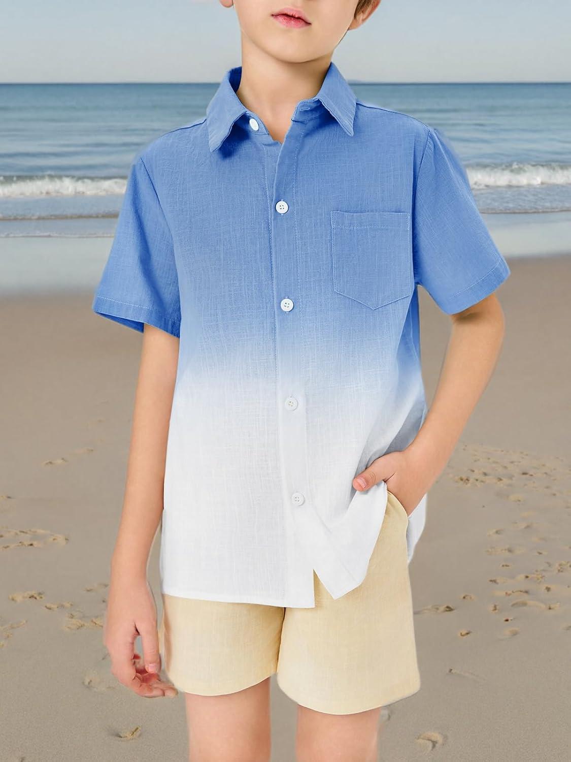 imageBoys Button Down Shirts Gradient Linen Casual Short Sleeve Beach Summer Boy Shirt with Pocket 214 YearsNavy Blue