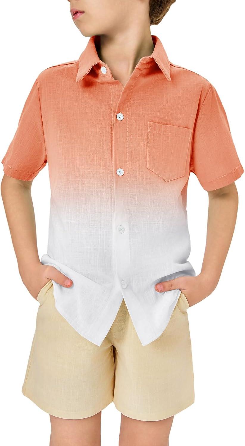 imageBoys Button Down Shirts Gradient Linen Casual Short Sleeve Beach Summer Boy Shirt with Pocket 214 YearsOrange