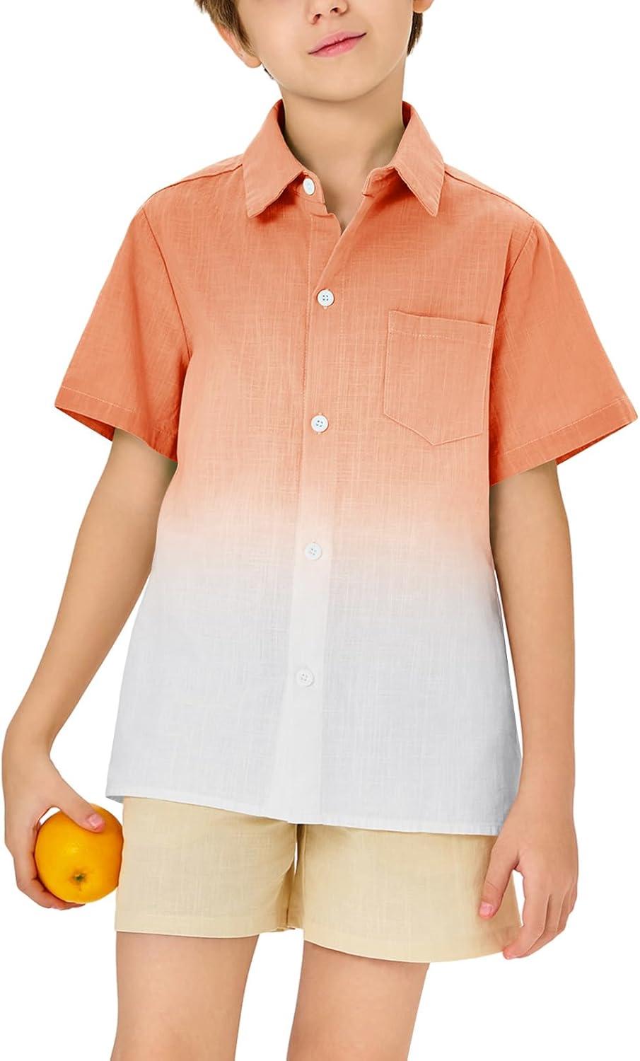 imageBoys Button Down Shirts Gradient Linen Casual Short Sleeve Beach Summer Boy Shirt with Pocket 214 YearsOrange