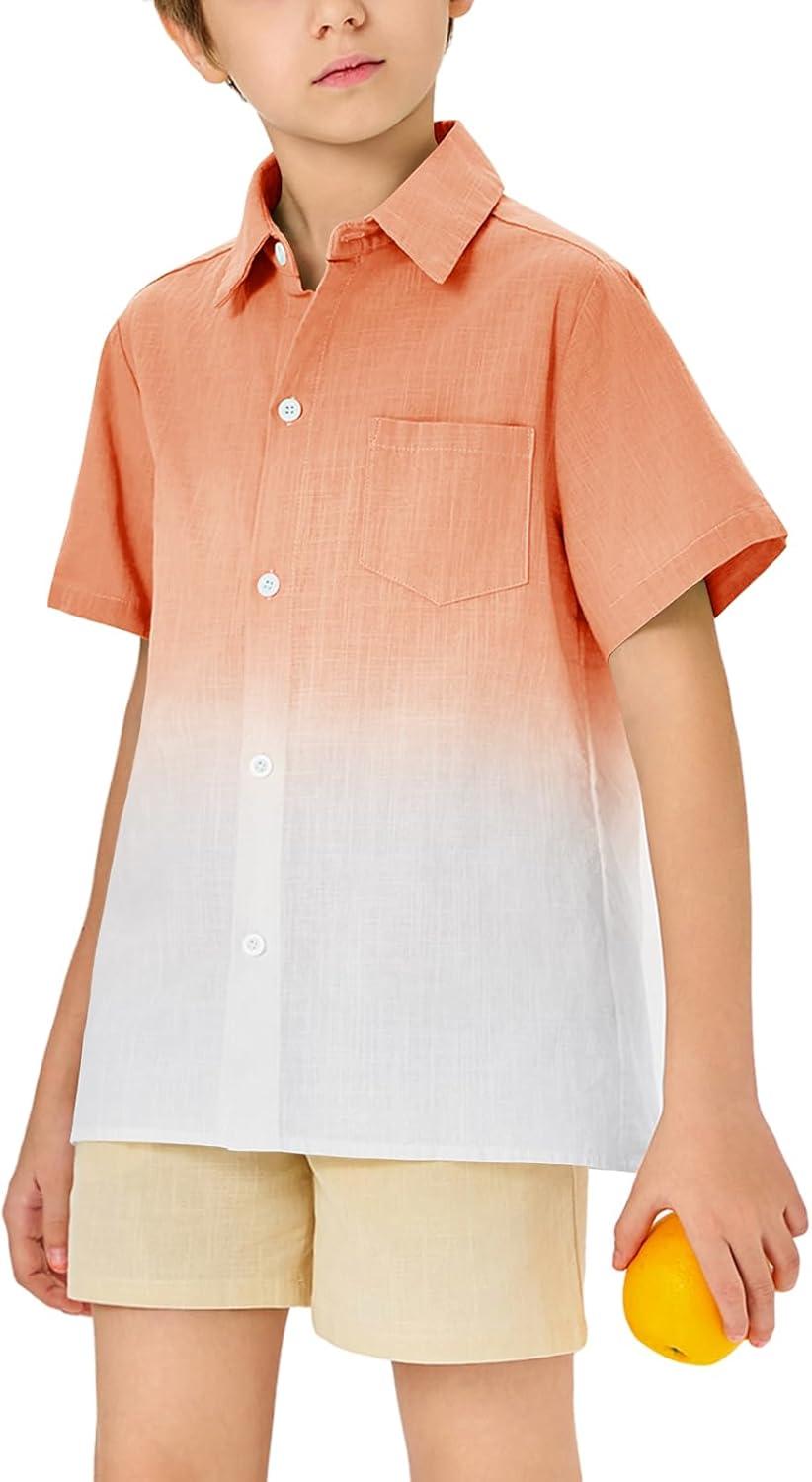 imageBoys Button Down Shirts Gradient Linen Casual Short Sleeve Beach Summer Boy Shirt with Pocket 214 YearsOrange