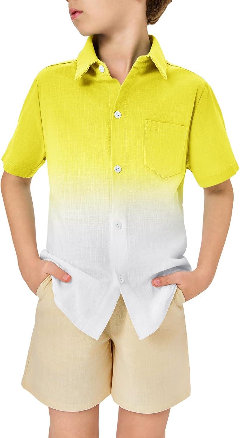 imageBoys Button Down Shirts Gradient Linen Casual Short Sleeve Beach Summer Boy Shirt with Pocket 214 YearsYellow01
