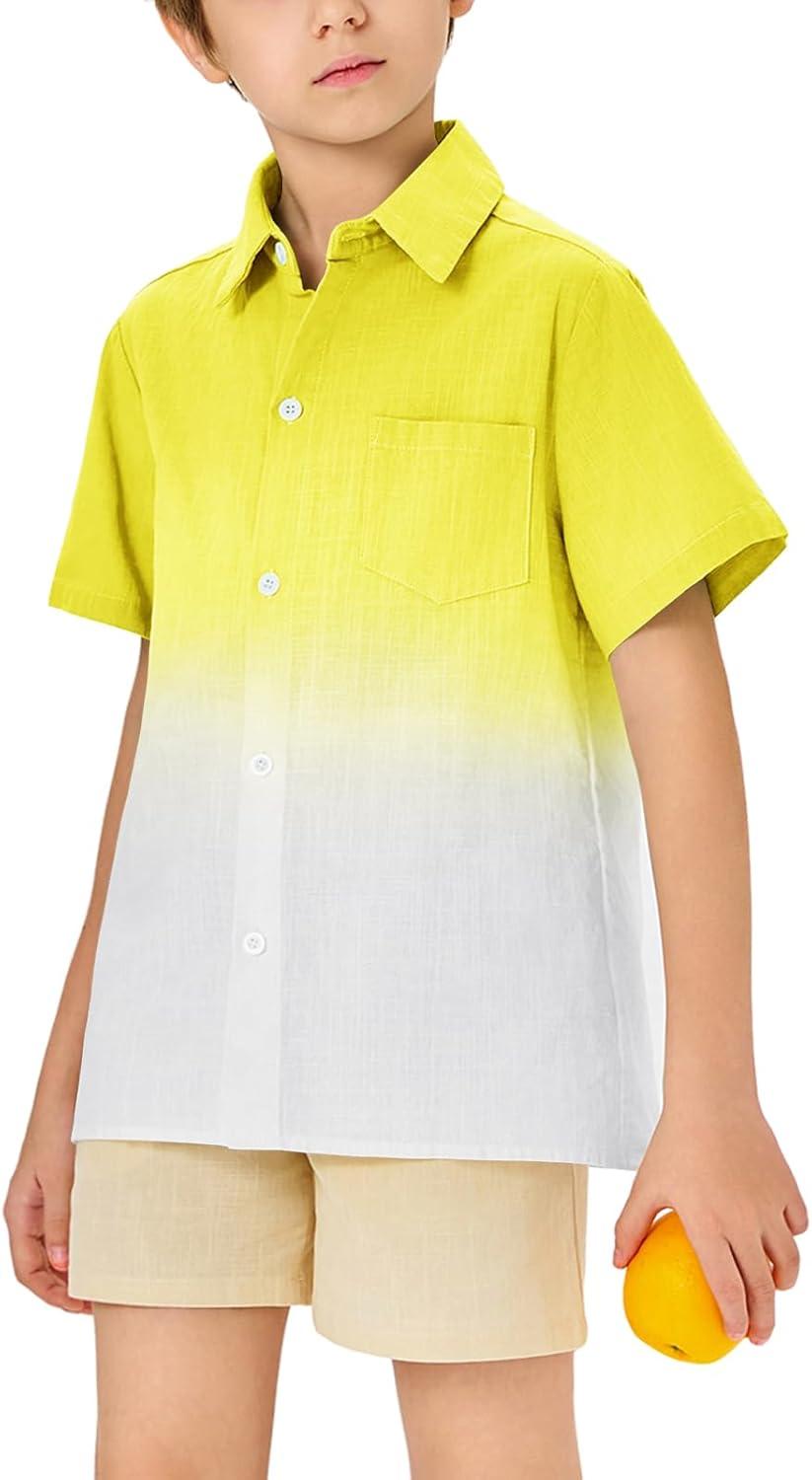 imageBoys Button Down Shirts Gradient Linen Casual Short Sleeve Beach Summer Boy Shirt with Pocket 214 YearsYellow01