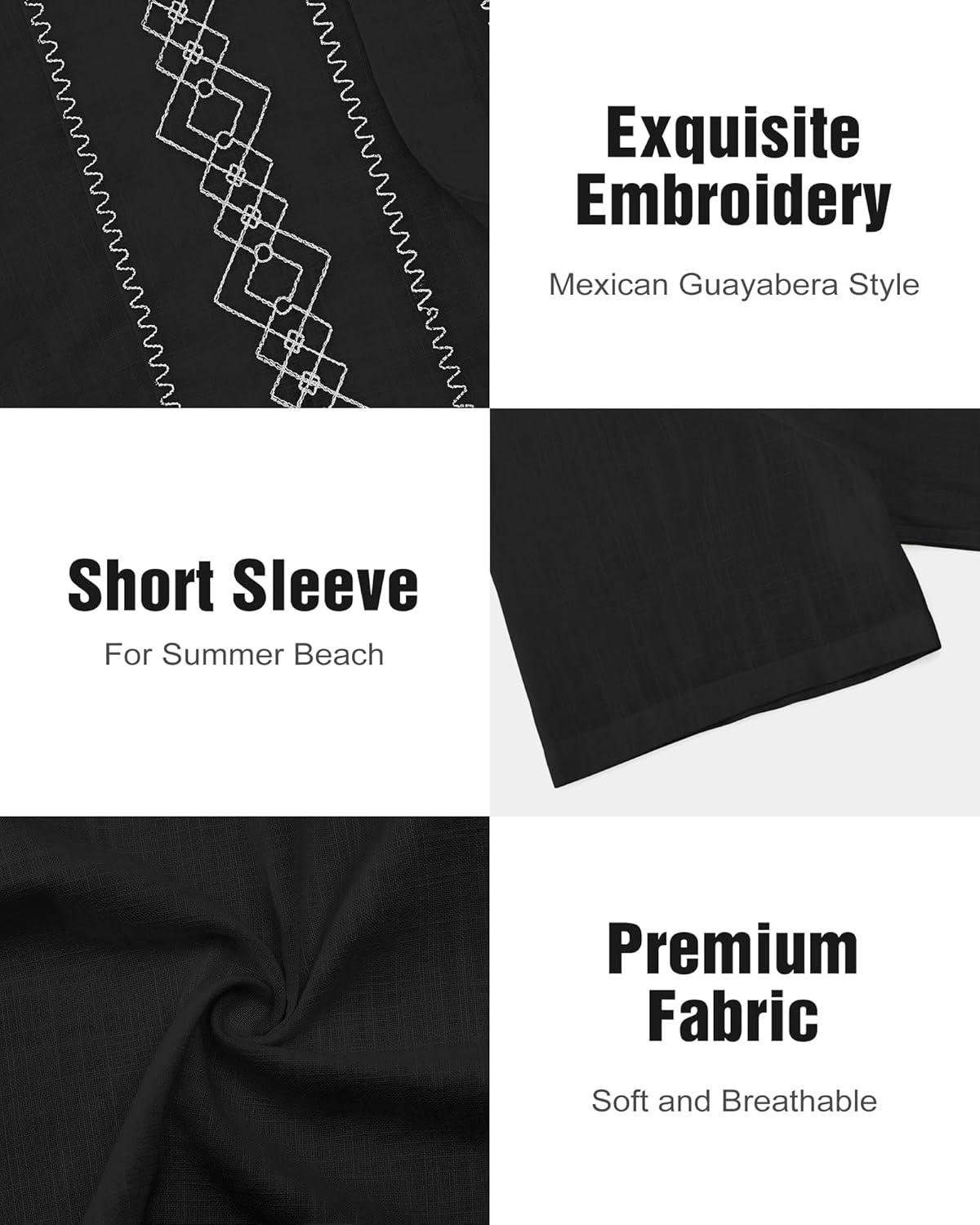 imageCuban Guayabera Shirts for Men Short Sleeve Casual Button Down Shirt Band Collar Beach Camp Mexican Shirt1black