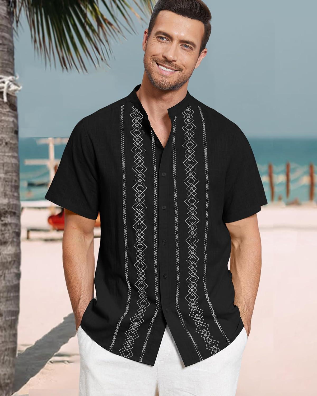 imageCuban Guayabera Shirts for Men Short Sleeve Casual Button Down Shirt Band Collar Beach Camp Mexican Shirt1black