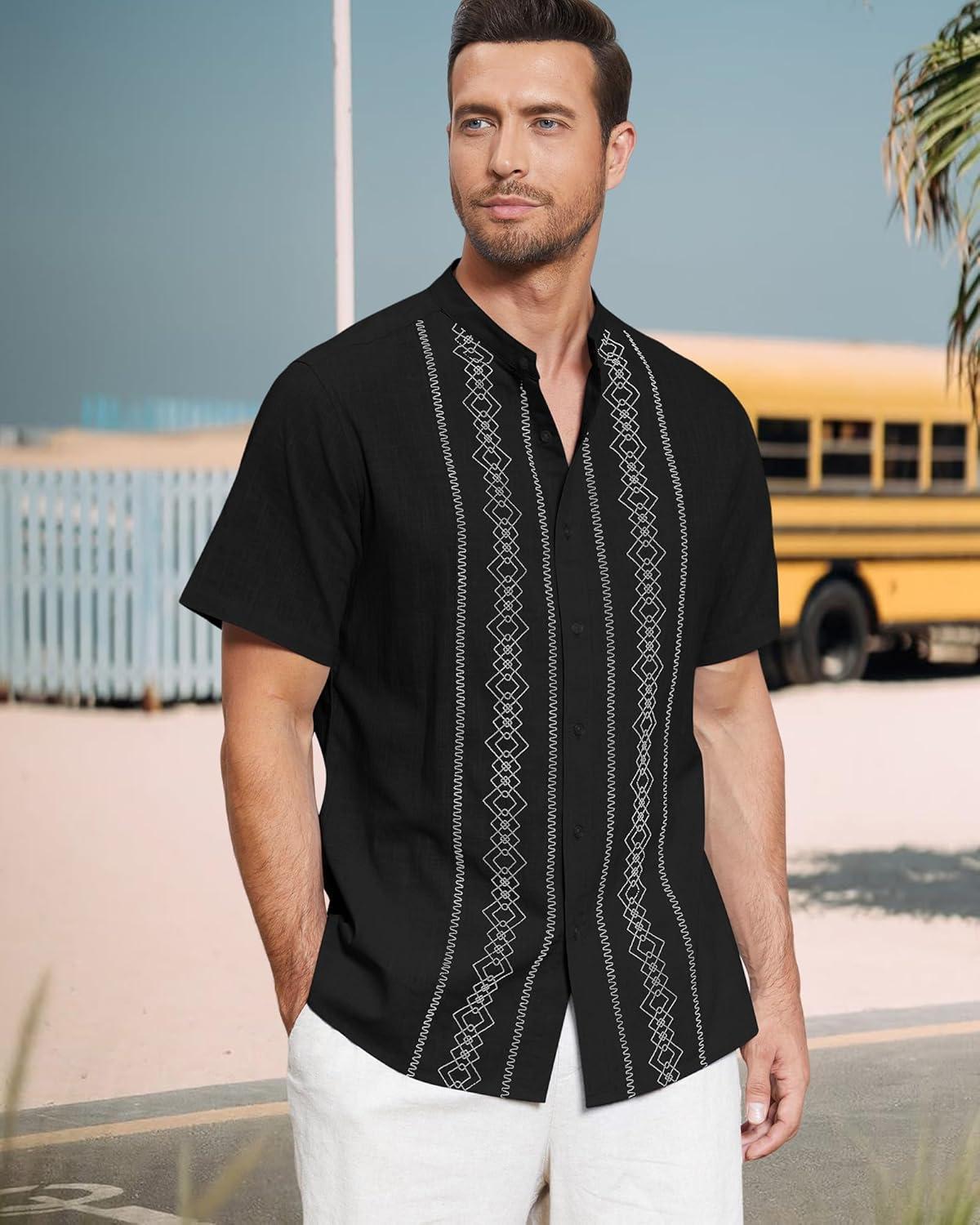 imageCuban Guayabera Shirts for Men Short Sleeve Casual Button Down Shirt Band Collar Beach Camp Mexican Shirt1black