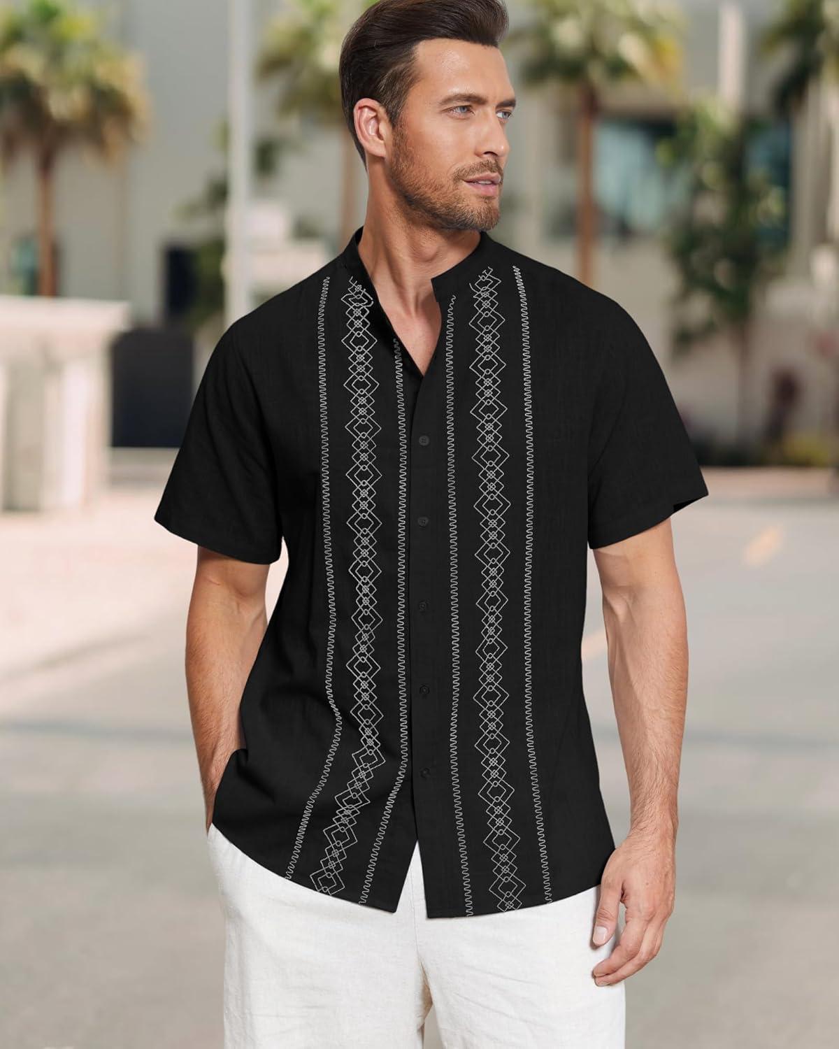 imageCuban Guayabera Shirts for Men Short Sleeve Casual Button Down Shirt Band Collar Beach Camp Mexican Shirt1black