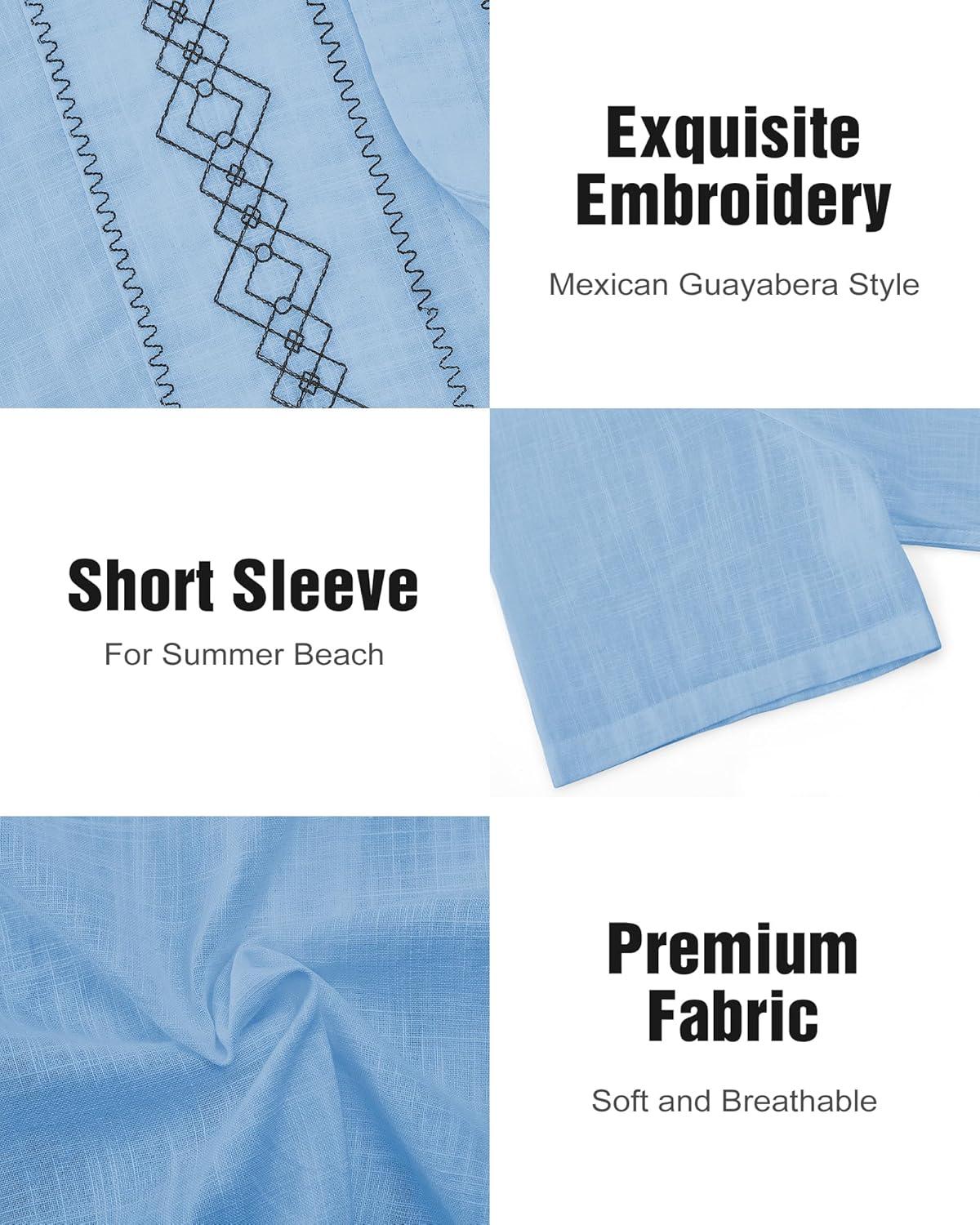 imageCuban Guayabera Shirts for Men Short Sleeve Casual Button Down Shirt Band Collar Beach Camp Mexican ShirtLight Blue
