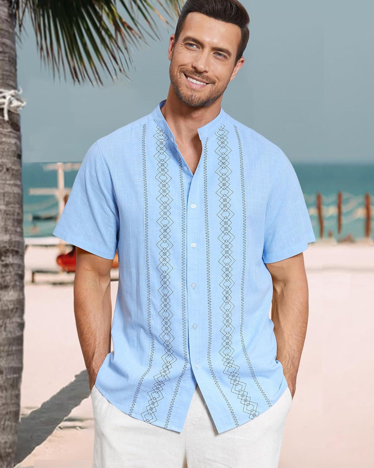 imageCuban Guayabera Shirts for Men Short Sleeve Casual Button Down Shirt Band Collar Beach Camp Mexican ShirtLight Blue
