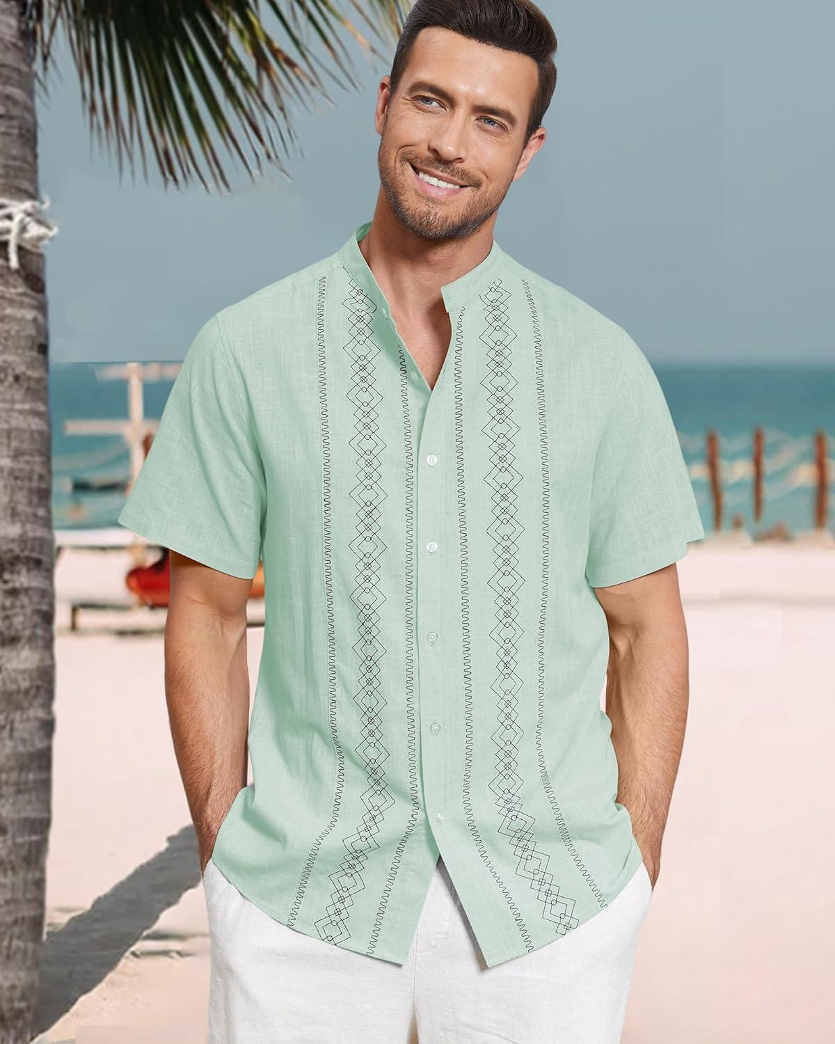 imageCuban Guayabera Shirts for Men Short Sleeve Casual Button Down Shirt Band Collar Beach Camp Mexican ShirtMint Green