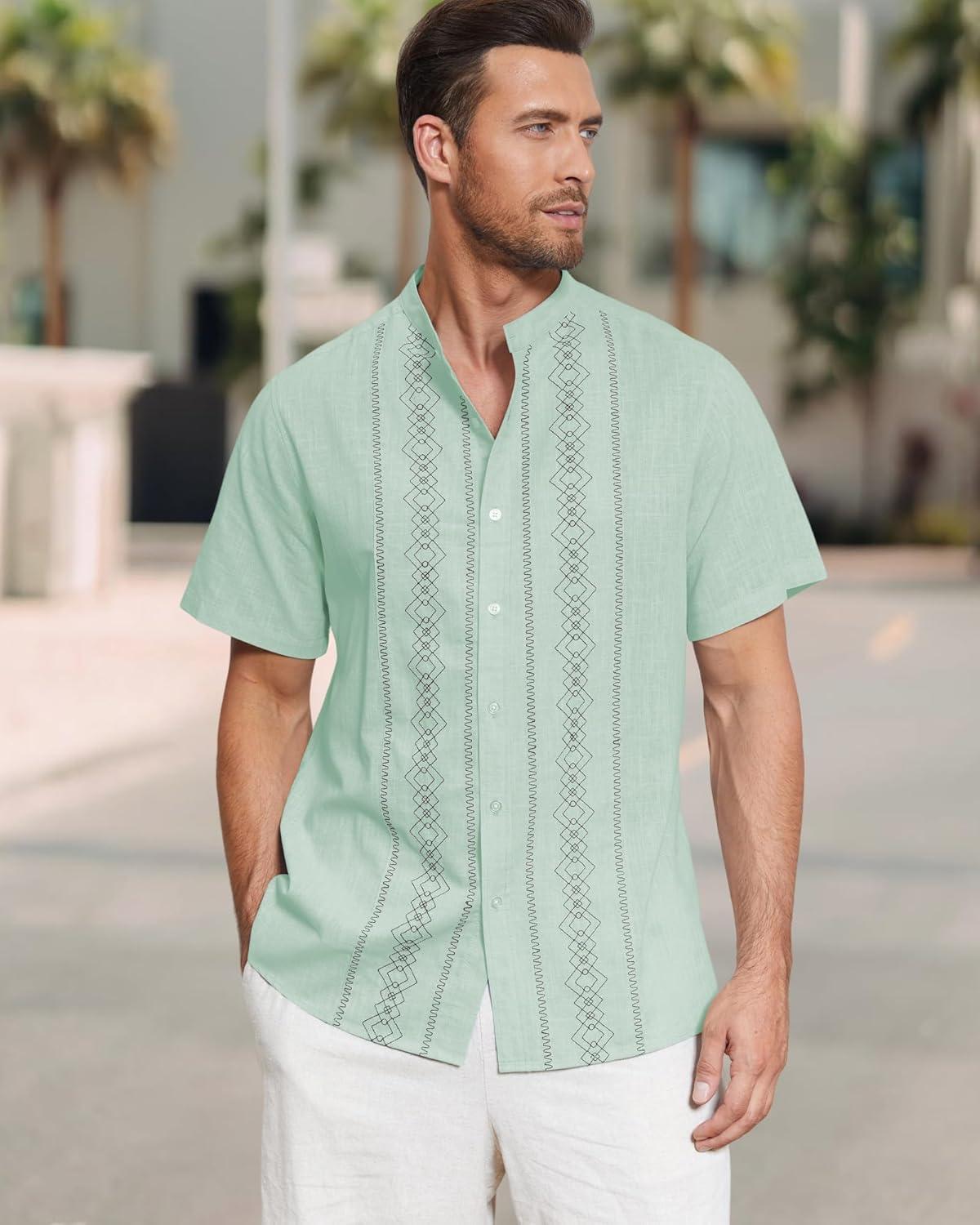 imageCuban Guayabera Shirts for Men Short Sleeve Casual Button Down Shirt Band Collar Beach Camp Mexican ShirtMint Green