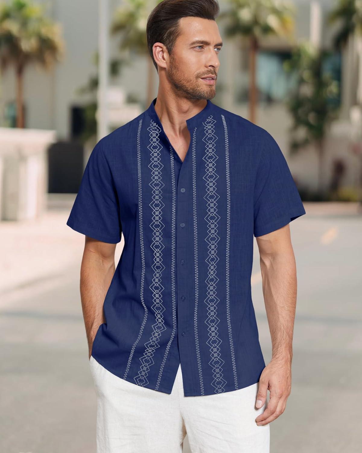 imageCuban Guayabera Shirts for Men Short Sleeve Casual Button Down Shirt Band Collar Beach Camp Mexican ShirtNavy Blue