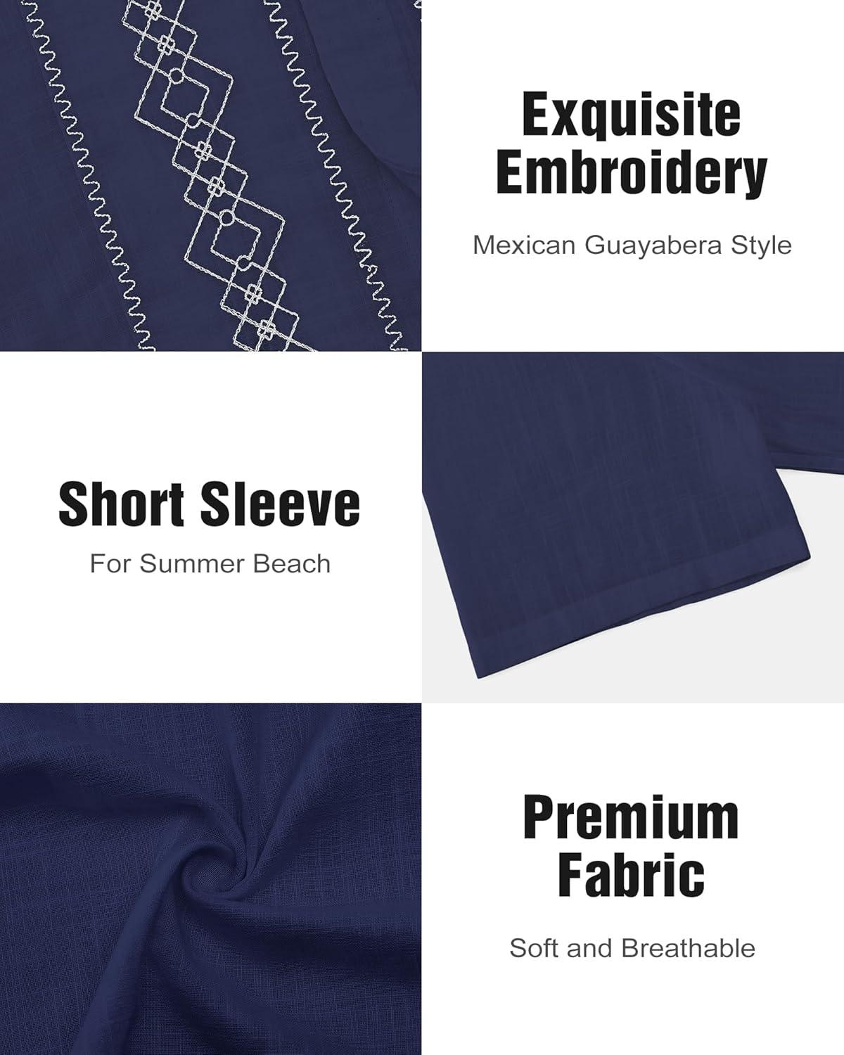 imageCuban Guayabera Shirts for Men Short Sleeve Casual Button Down Shirt Band Collar Beach Camp Mexican ShirtNavy Blue