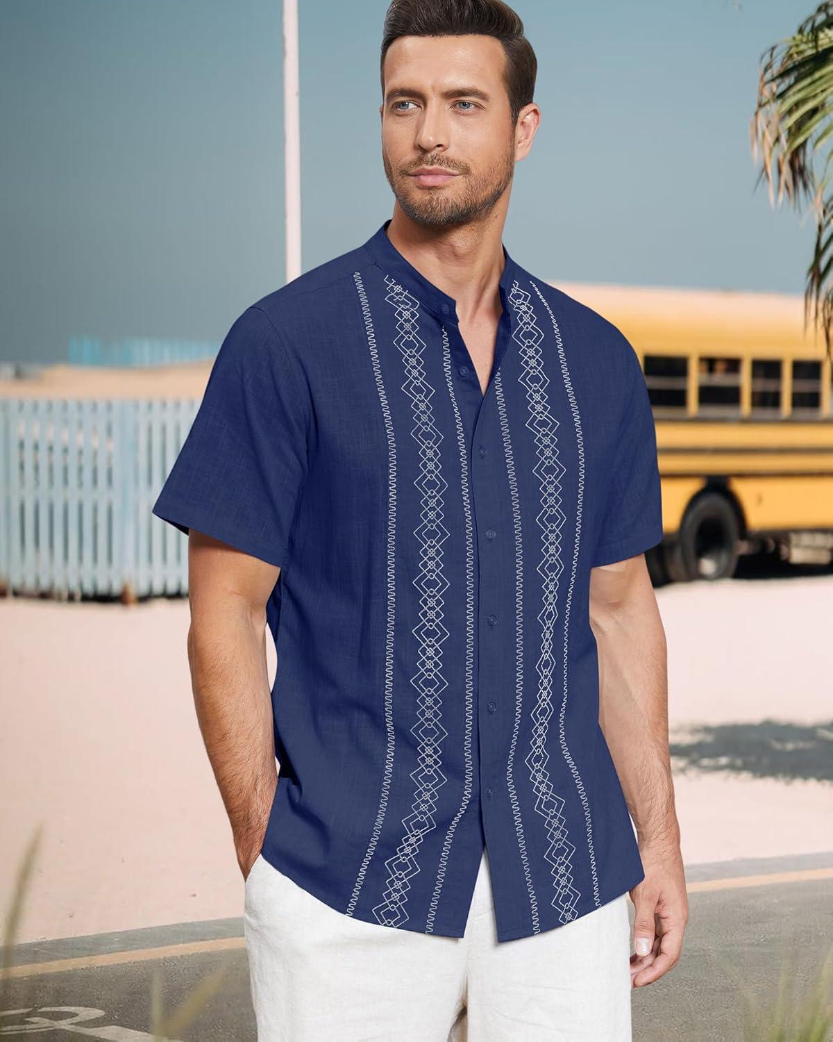 imageCuban Guayabera Shirts for Men Short Sleeve Casual Button Down Shirt Band Collar Beach Camp Mexican ShirtNavy Blue