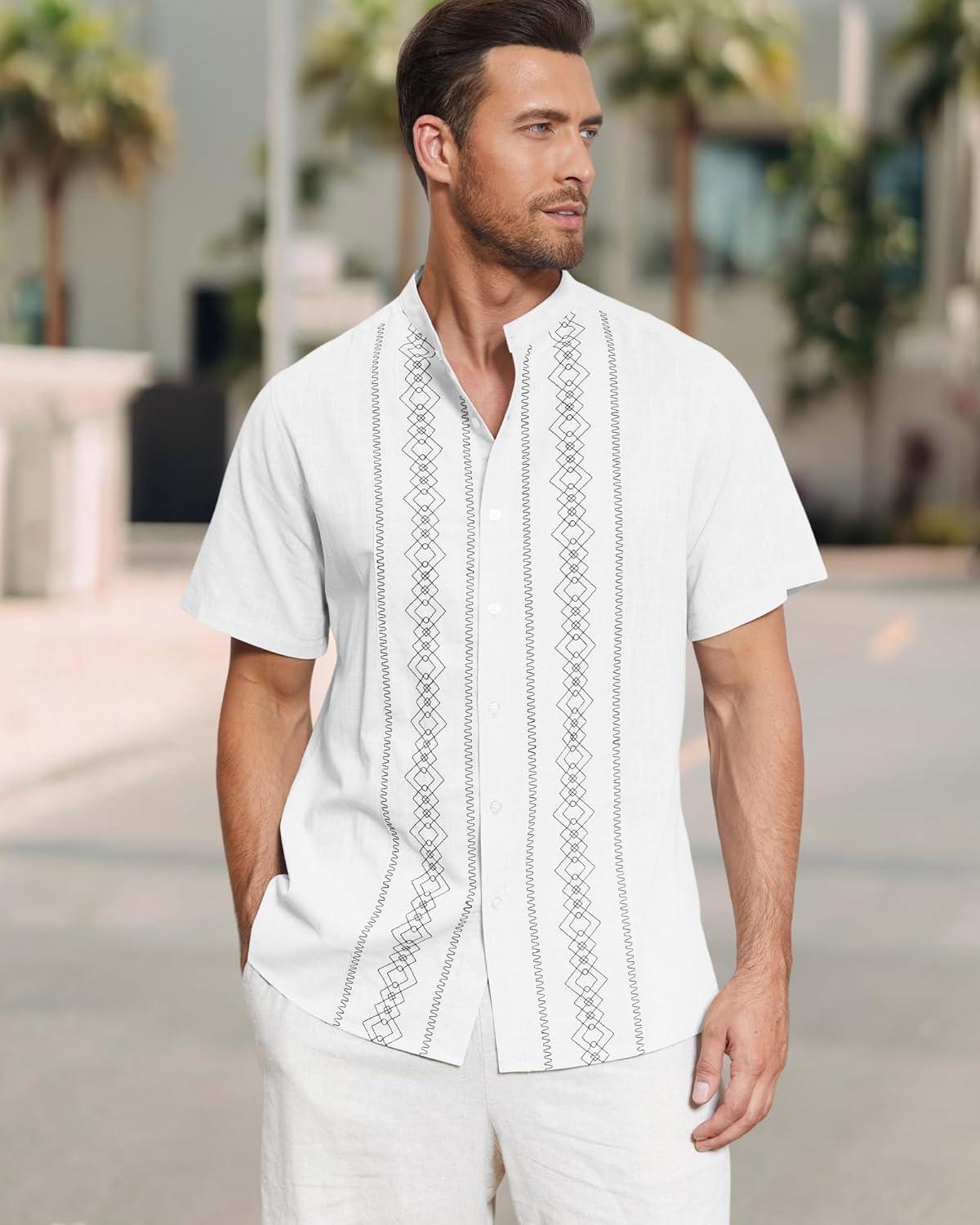 imageCuban Guayabera Shirts for Men Short Sleeve Casual Button Down Shirt Band Collar Beach Camp Mexican ShirtWhite
