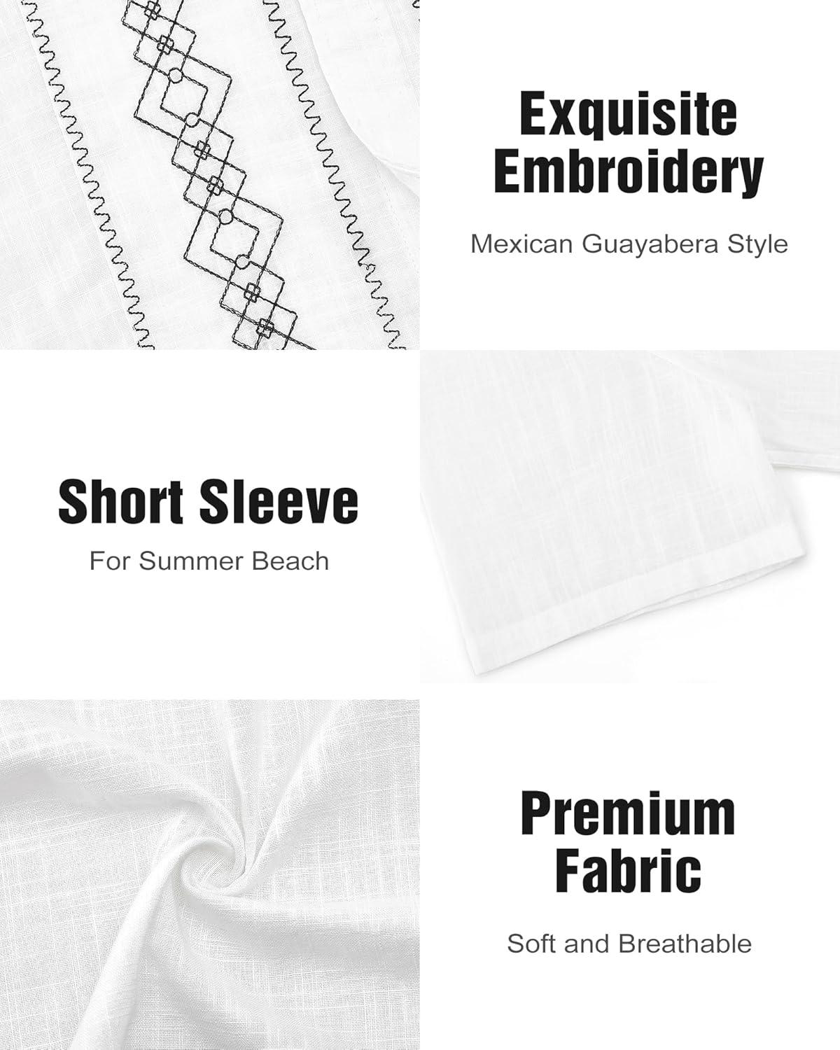 imageCuban Guayabera Shirts for Men Short Sleeve Casual Button Down Shirt Band Collar Beach Camp Mexican ShirtWhite