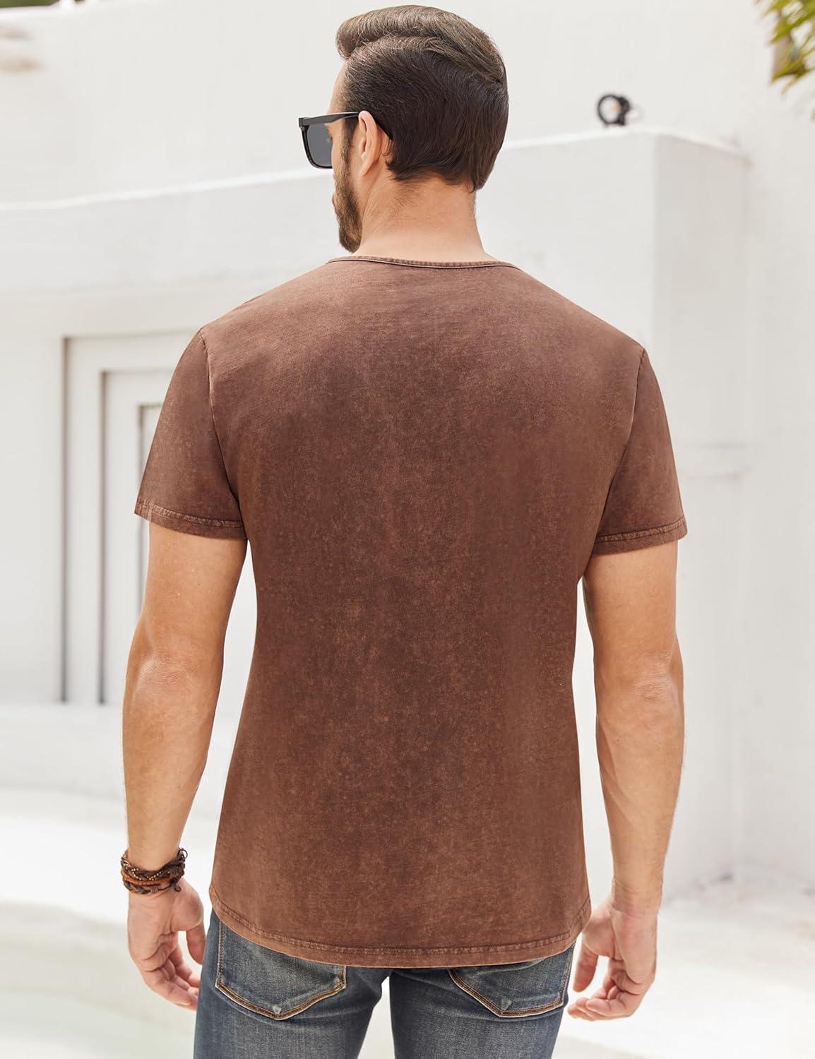 imageMens Distressed Henley Shirts Retro Short Sleeve Tee Shirts Casual Button Down Washed TShirts for Men1brown