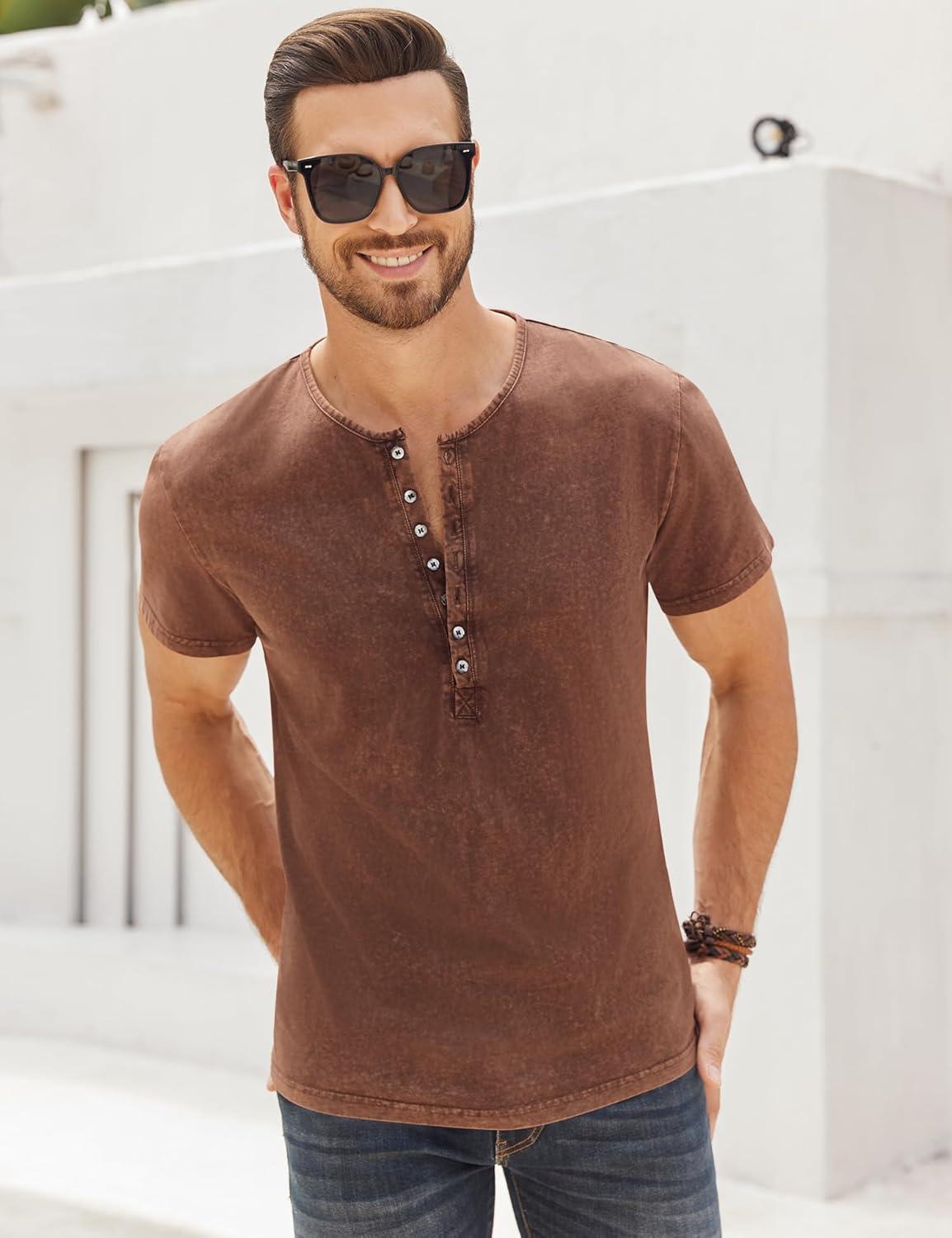 imageMens Distressed Henley Shirts Retro Short Sleeve Tee Shirts Casual Button Down Washed TShirts for Men1brown