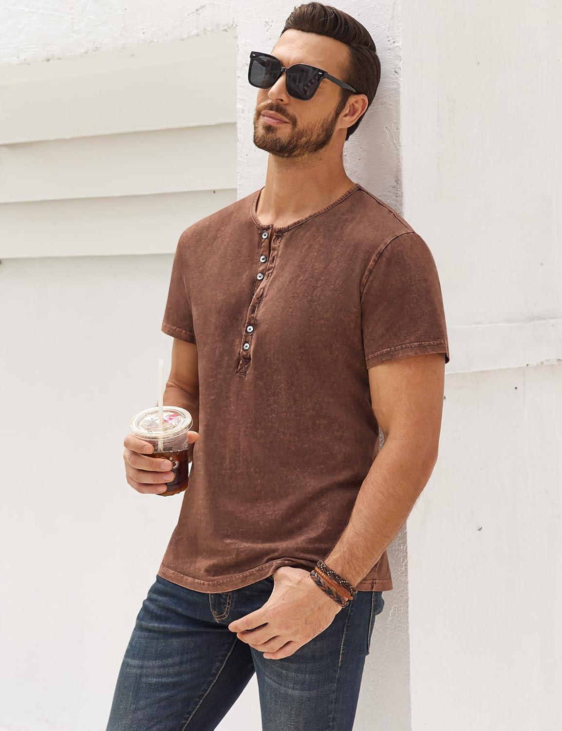 imageMens Distressed Henley Shirts Retro Short Sleeve Tee Shirts Casual Button Down Washed TShirts for Men1brown