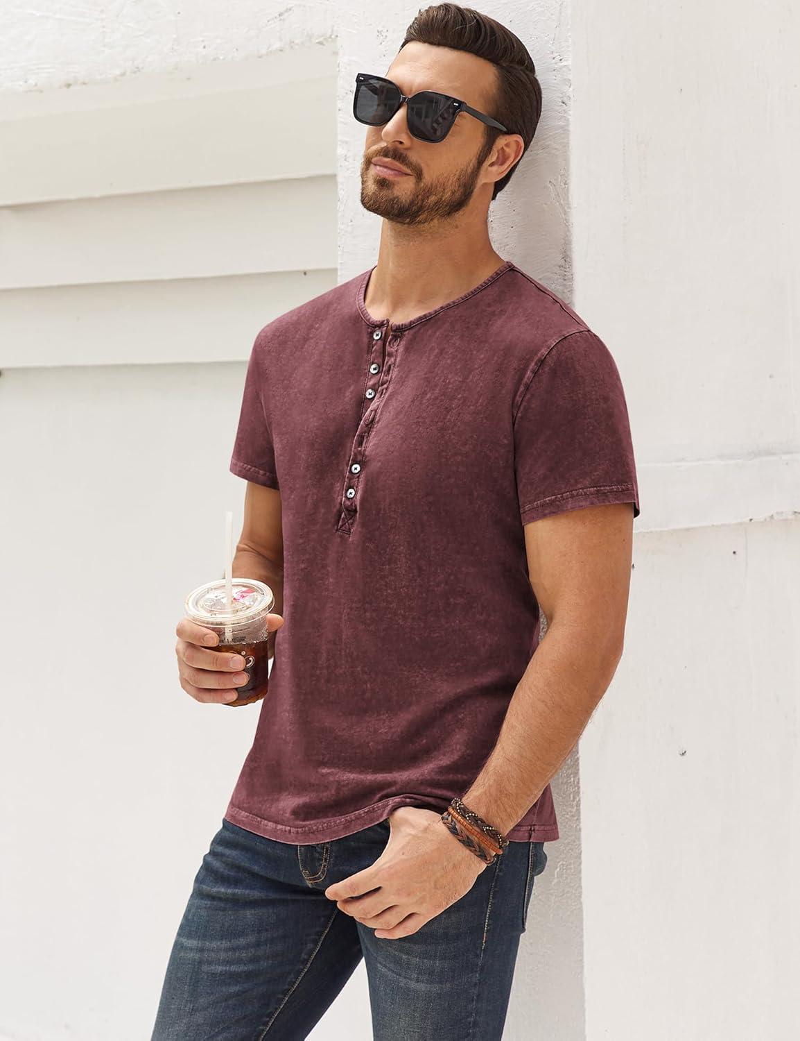 imageMens Distressed Henley Shirts Retro Short Sleeve Tee Shirts Casual Button Down Washed TShirts for Men1burgundy