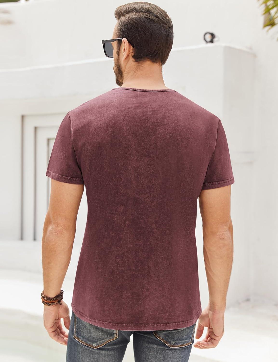 imageMens Distressed Henley Shirts Retro Short Sleeve Tee Shirts Casual Button Down Washed TShirts for Men1burgundy