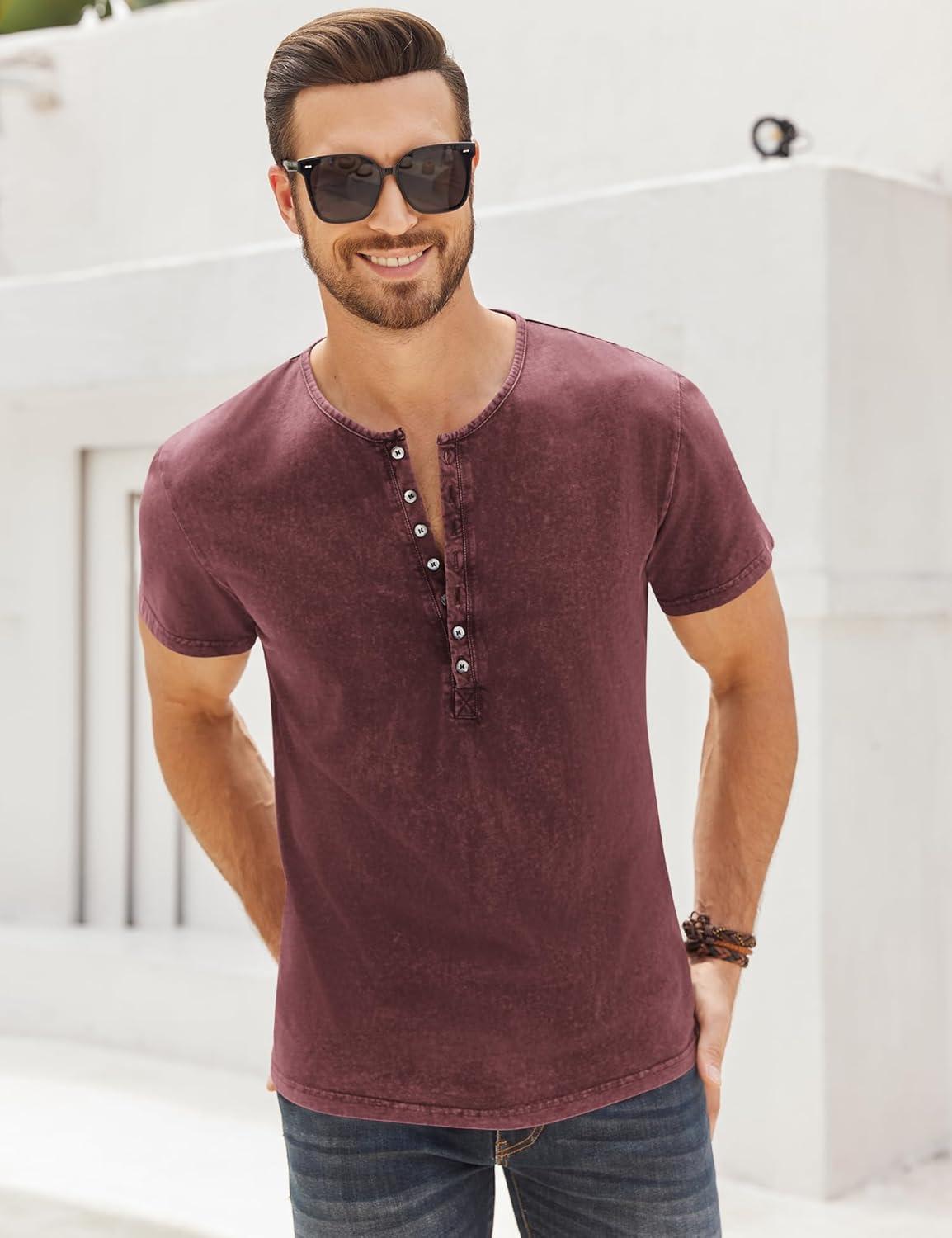 imageMens Distressed Henley Shirts Retro Short Sleeve Tee Shirts Casual Button Down Washed TShirts for Men1burgundy