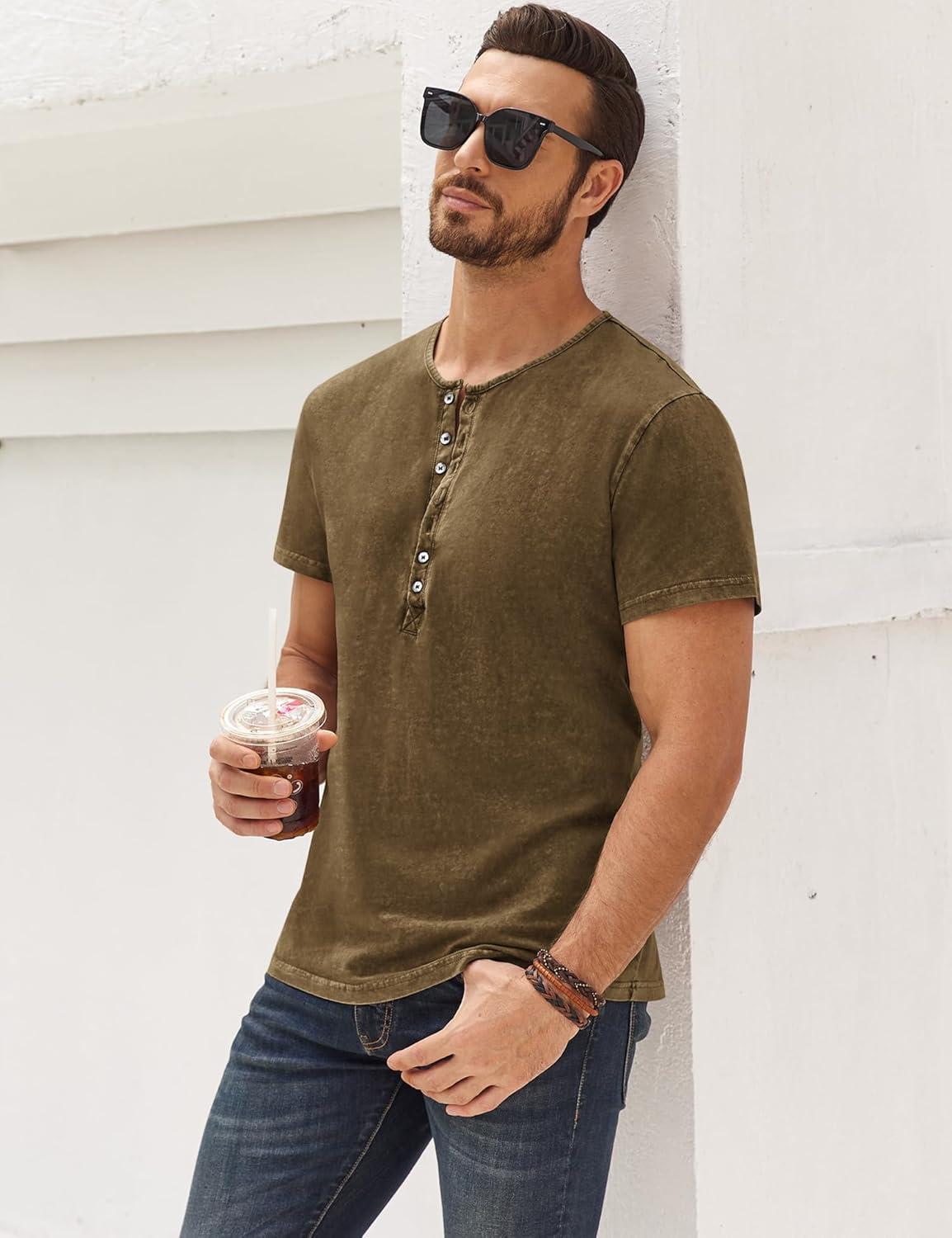 imageMens Distressed Henley Shirts Retro Short Sleeve Tee Shirts Casual Button Down Washed TShirts for Men1coffee