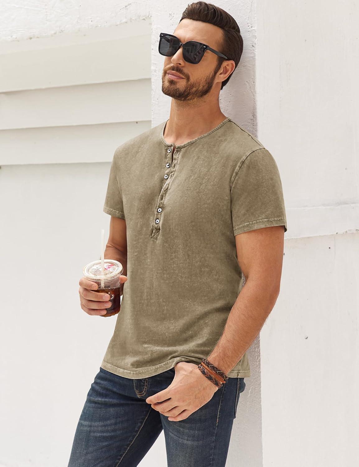 imageMens Distressed Henley Shirts Retro Short Sleeve Tee Shirts Casual Button Down Washed TShirts for Men1khaki
