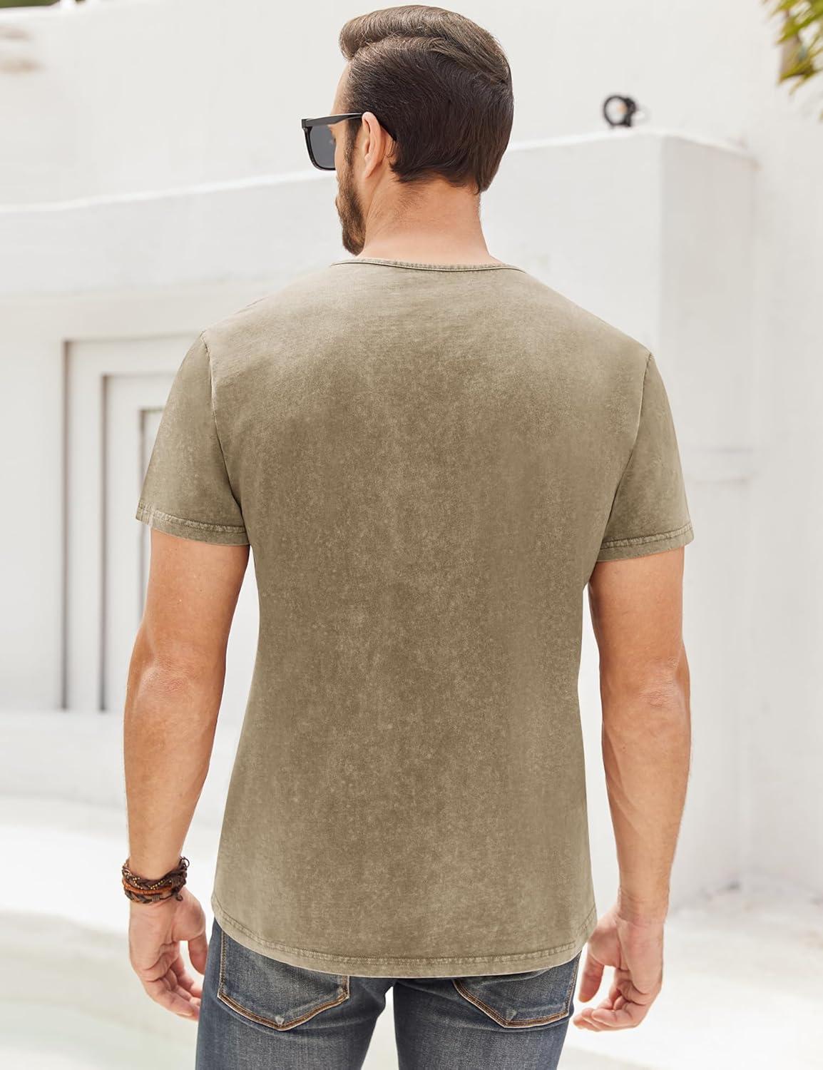 imageMens Distressed Henley Shirts Retro Short Sleeve Tee Shirts Casual Button Down Washed TShirts for Men1khaki