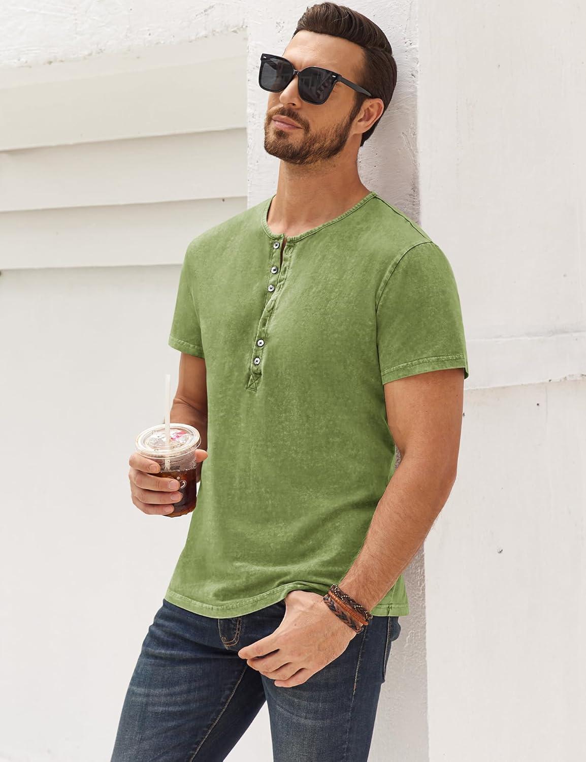 imageMens Distressed Henley Shirts Retro Short Sleeve Tee Shirts Casual Button Down Washed TShirts for Men1mint Green