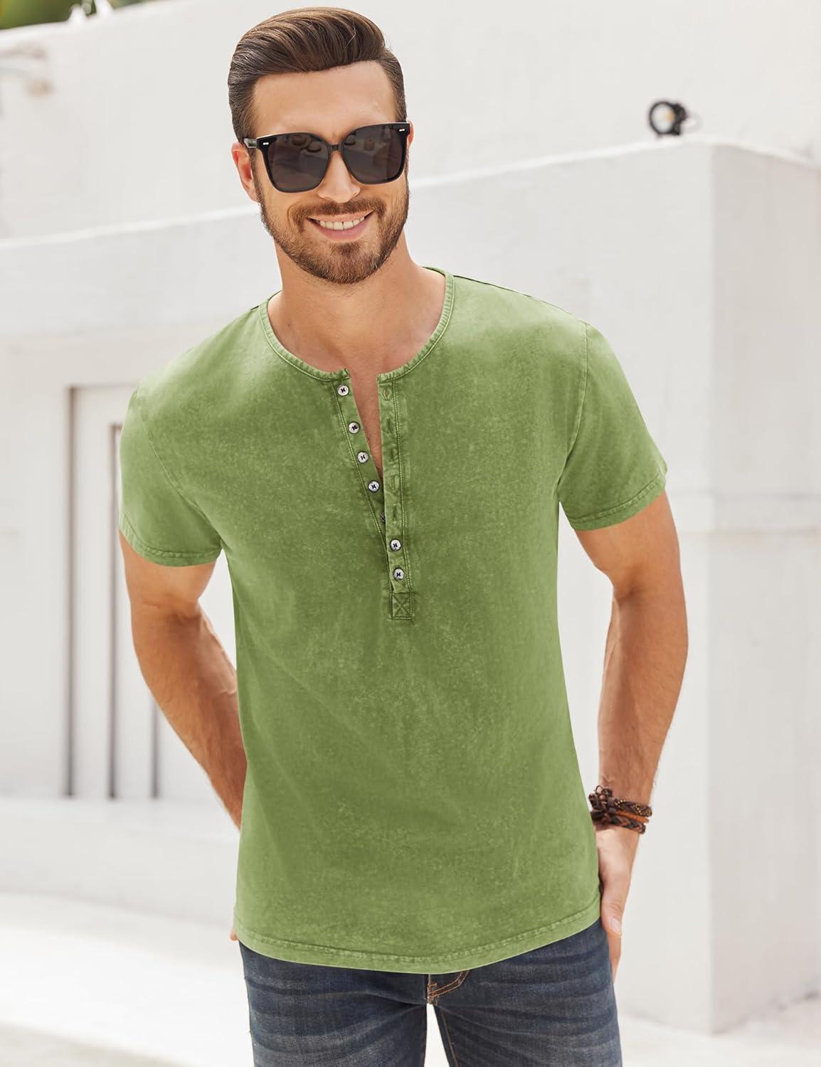 imageMens Distressed Henley Shirts Retro Short Sleeve Tee Shirts Casual Button Down Washed TShirts for Men1mint Green