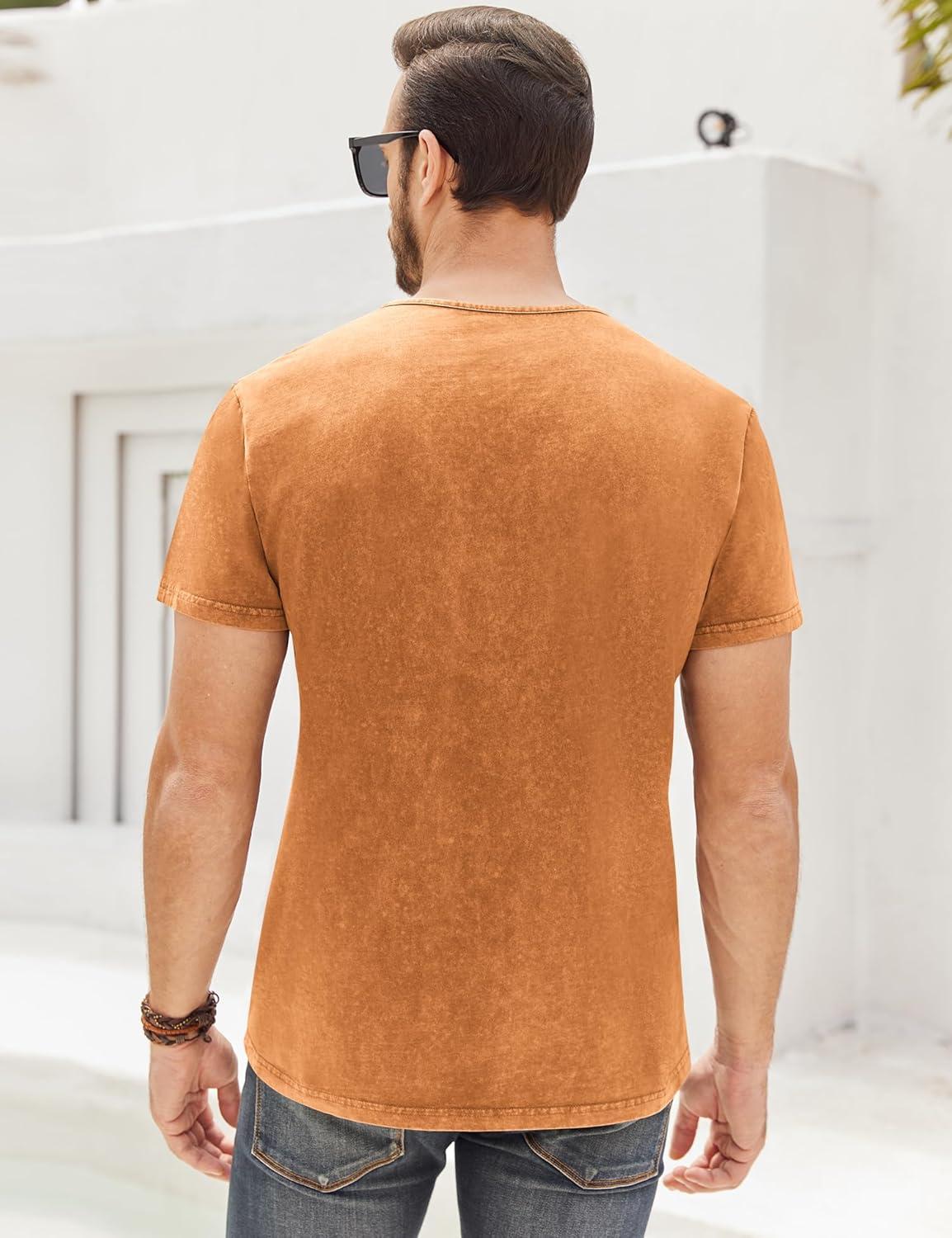 imageMens Distressed Henley Shirts Retro Short Sleeve Tee Shirts Casual Button Down Washed TShirts for Men1pumpkin Yellow