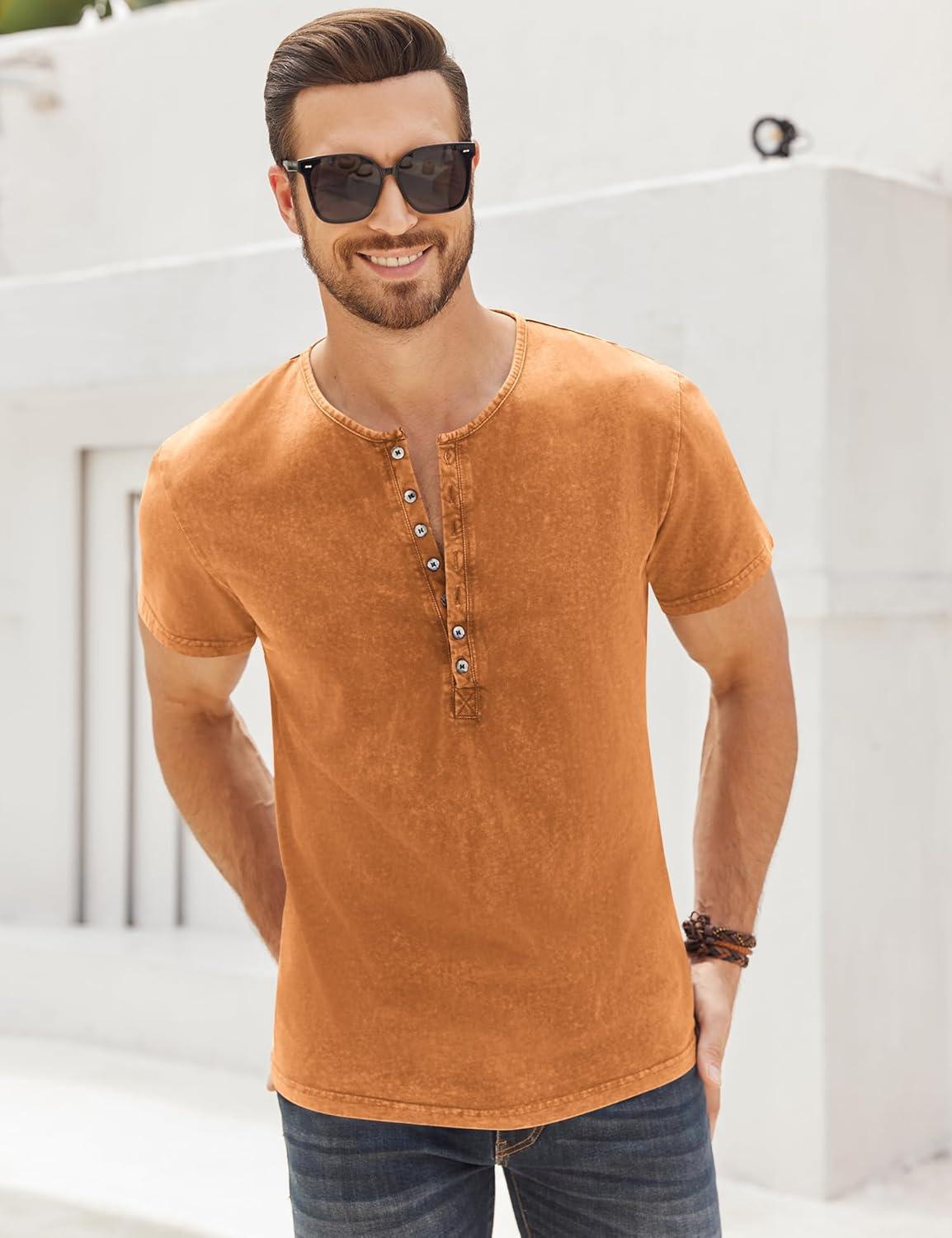 imageMens Distressed Henley Shirts Retro Short Sleeve Tee Shirts Casual Button Down Washed TShirts for Men1pumpkin Yellow