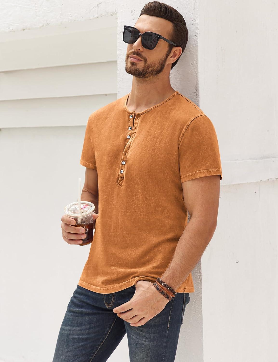 imageMens Distressed Henley Shirts Retro Short Sleeve Tee Shirts Casual Button Down Washed TShirts for Men1pumpkin Yellow